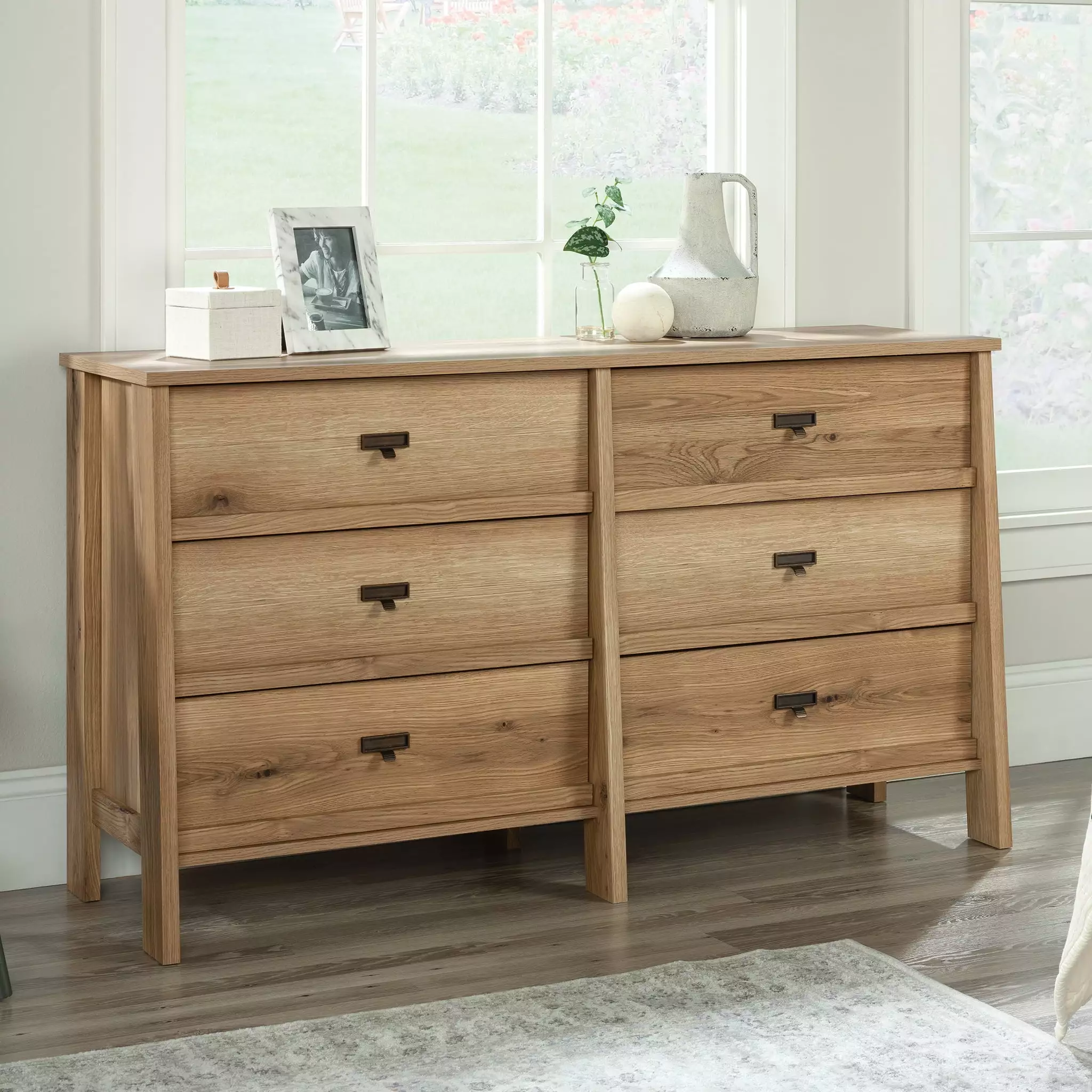 Sauder Trestle 6-Drawer Bedroom Dresser Timber Oak Finish