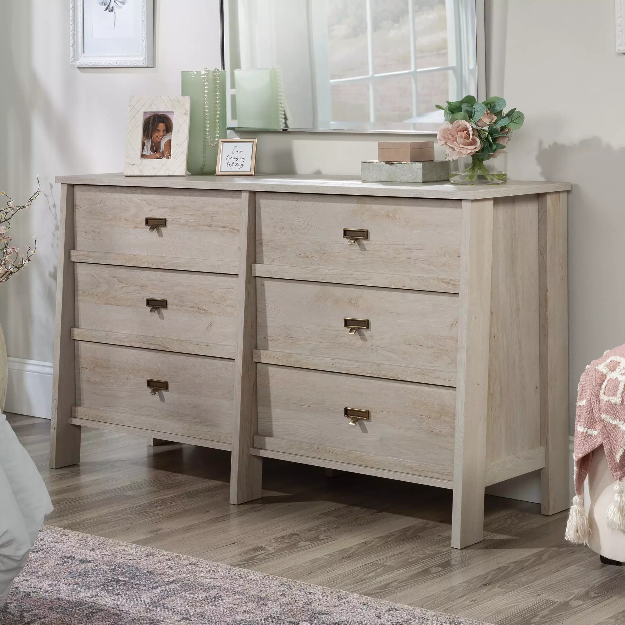 Sauder Trestle 6-Drawer Dresser Chalked Chestnut Finish - Classic Bedroom Storage