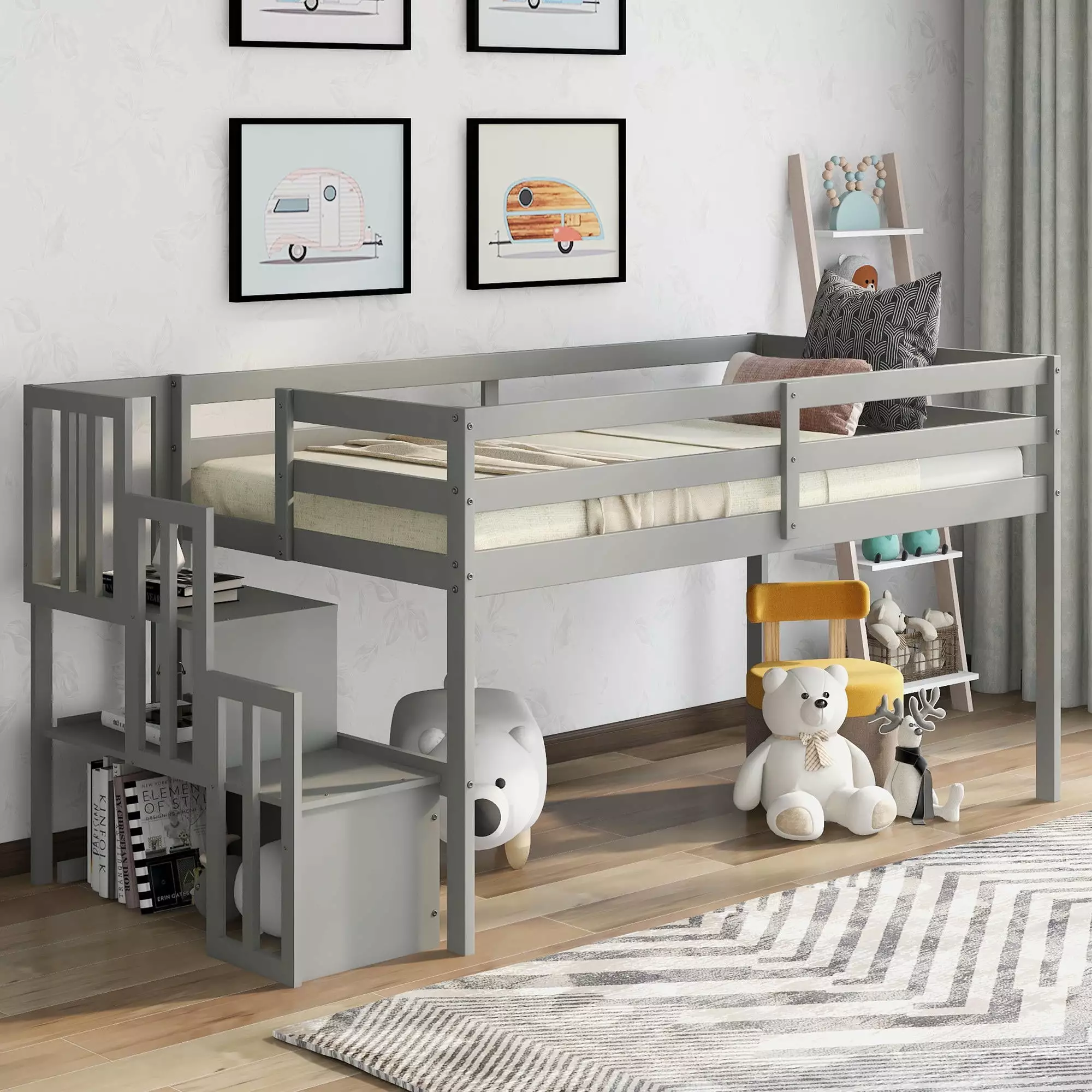 Low Loft Bed Storage Staircase - Wood Twin Size Loft Bed Frame Shelf and Guardrails - No Box Spring Needed - Gray ARCTICSC...