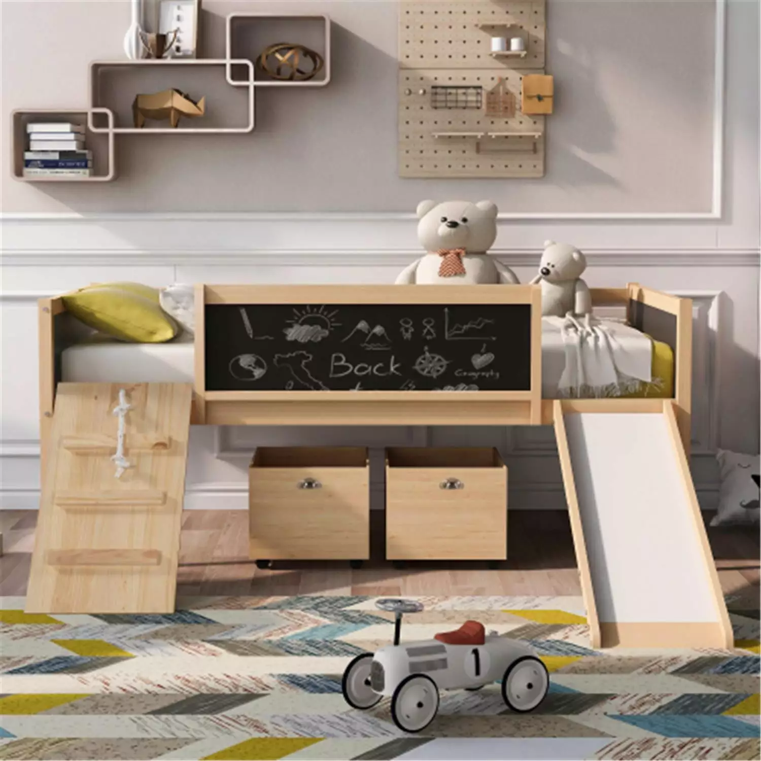 Twin Size Loft Bed Two Storage Boxes - Multi-Practical Wood Loft Bed Climbing Frame and Slide - Natural Color ARCTICSCORPION