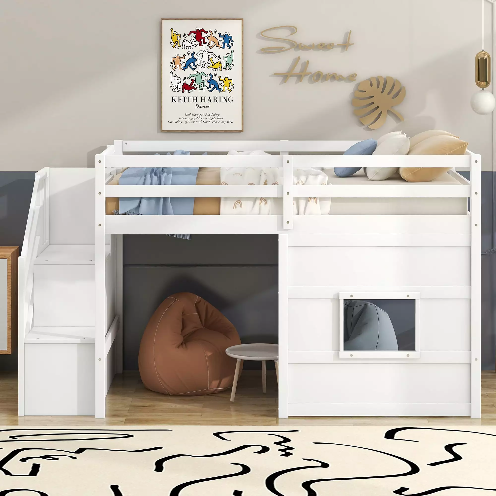Bellemave Twin Over Twin Size Loft Bed Underneath House and Storage Staircases - Solid Wood Loft Bed Guardrails Kids - White