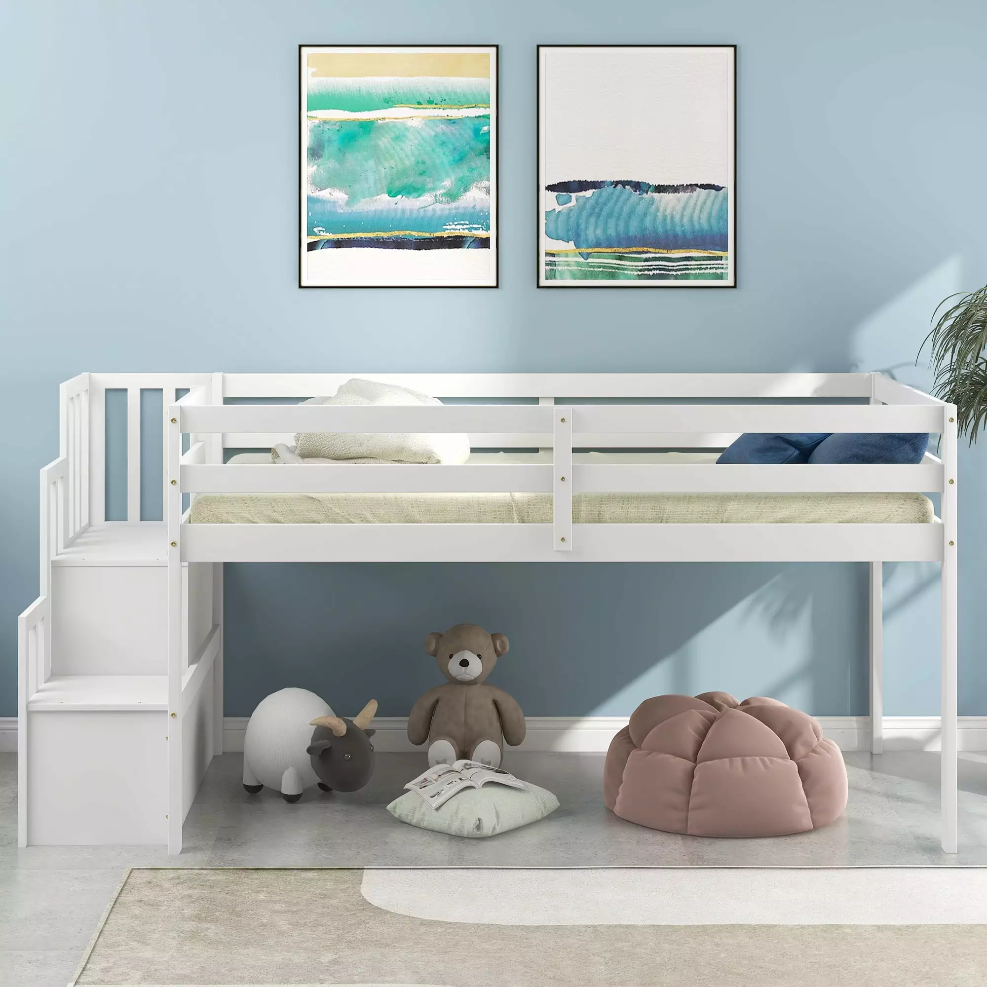 Kids Twin Wood Loft Bed Low Loft Bed Frame Full-length Protectty Rail Staircase and Storage Easy Assembly BTMWAY