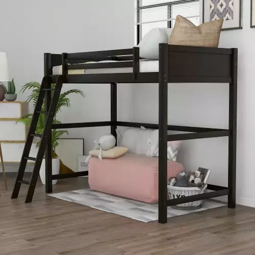 Solid Wood Twin Size Loft Bed Ladder Kids Teens Espresso Churanty