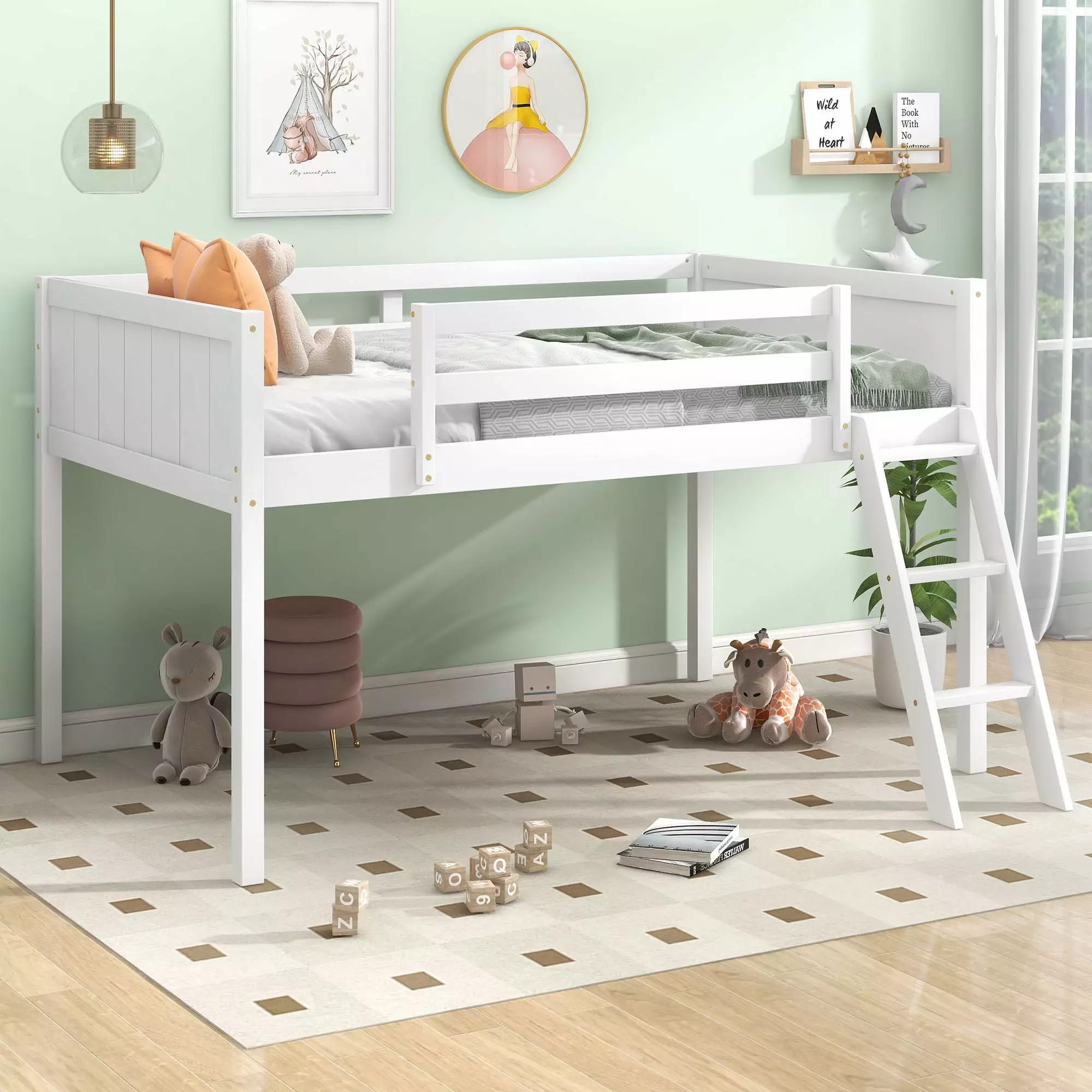 Euroco Wood Loft Bed Ladder Twin Size Low Loft Bed White