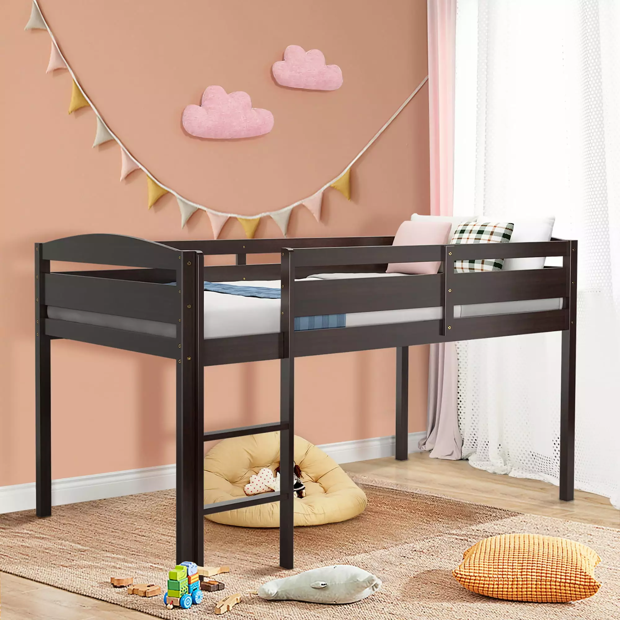 Gymax Twin Loft Bed Wooden Slats Support Ladder Guardrails Espresso Finish Space-Saving Design