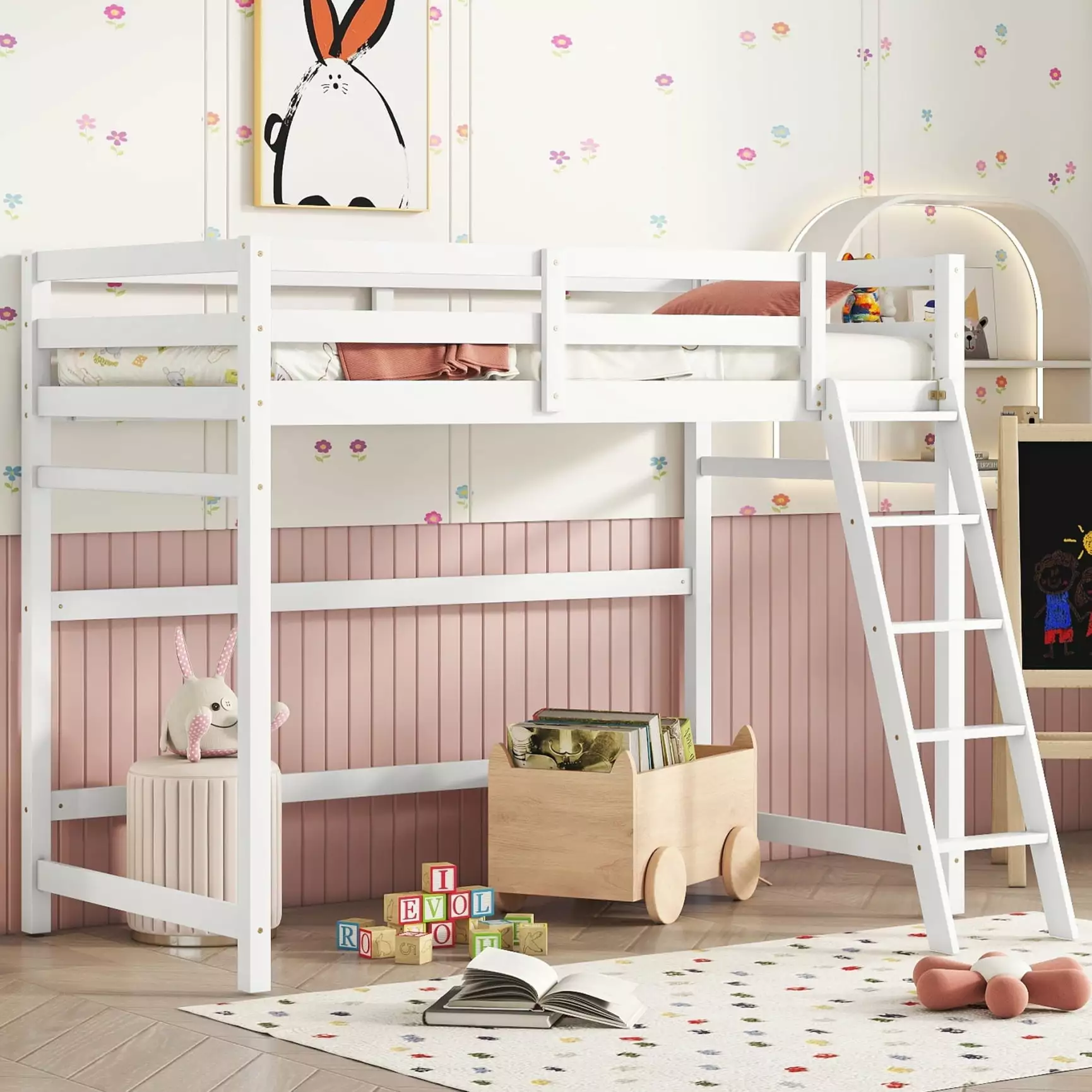 Twin High Loft Bed Inclined Ladder - Wood Loft Bed Frame Guardrails Kids Teens Adults - No Box Spring Needed - White JAMPOOCA