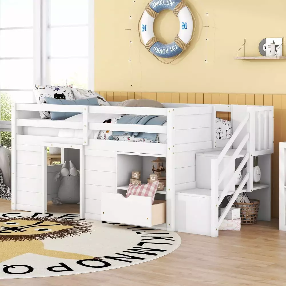 Twin Size Low Loft Bed Storage Wood Kids Loft Bed Stairs and Shelf Space Saving White JINS & VICO