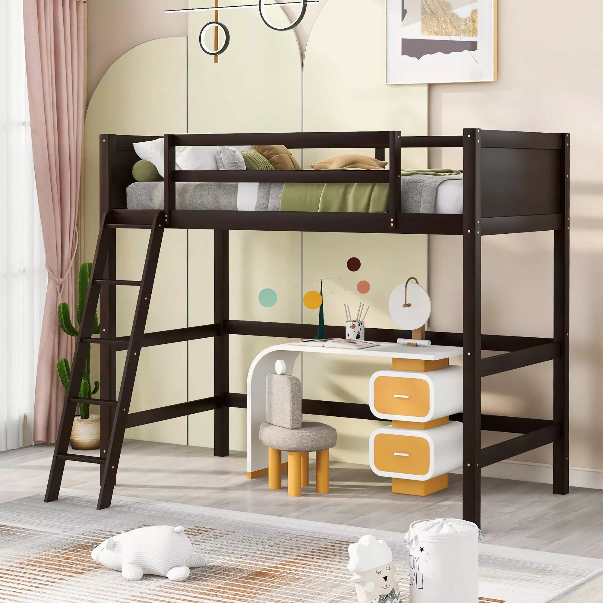 Kacho Twin Loft Bed Solid Wood Frame Full-Length Guardrails No Box Spring Needed Espresso Finish
