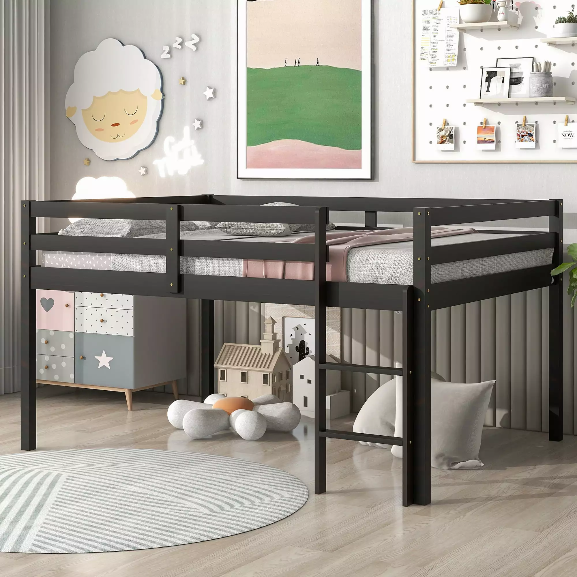 Sesslife Solid Wood Full Size Low Loft Bed Sturdy Kids Loft Bed Espresso