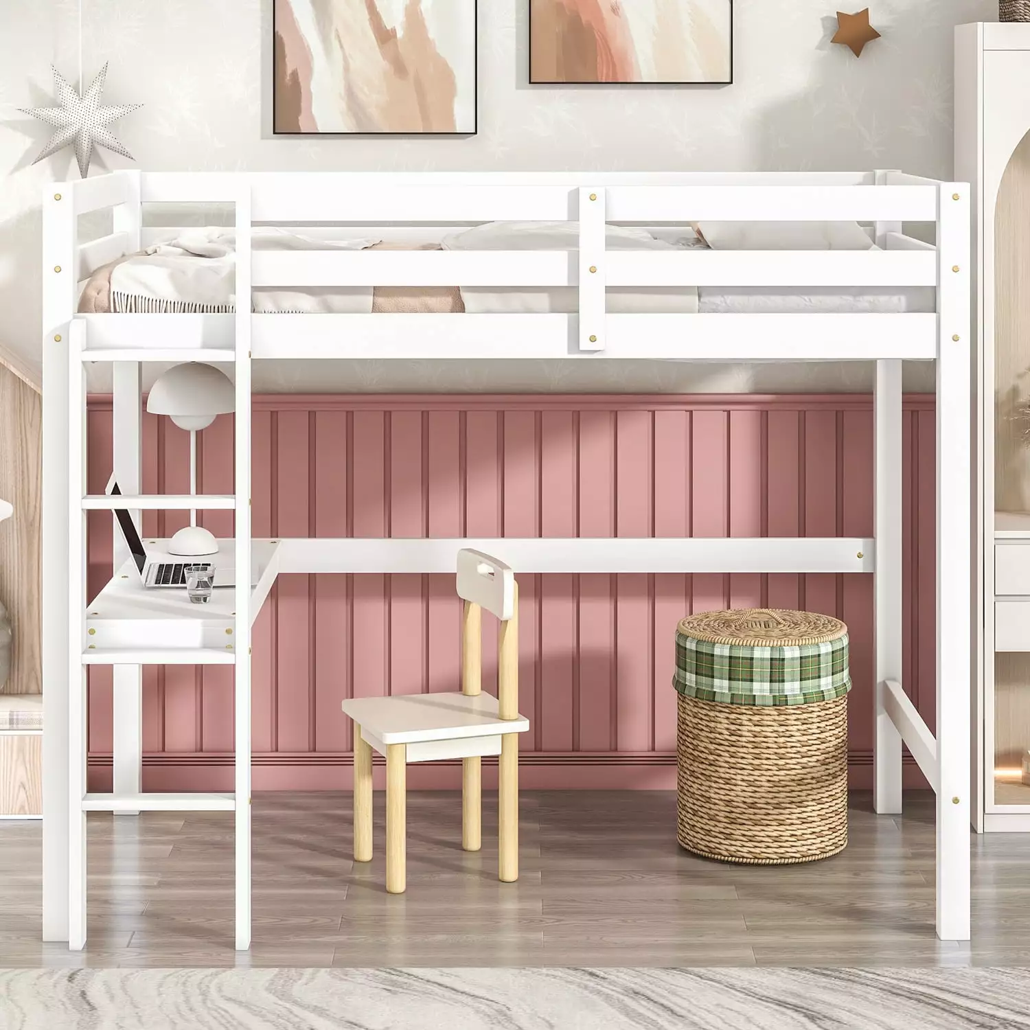 Syngar Twin Loft Bed Frame Desk White Solid Pine Wood Boys Girls Teens Adults
