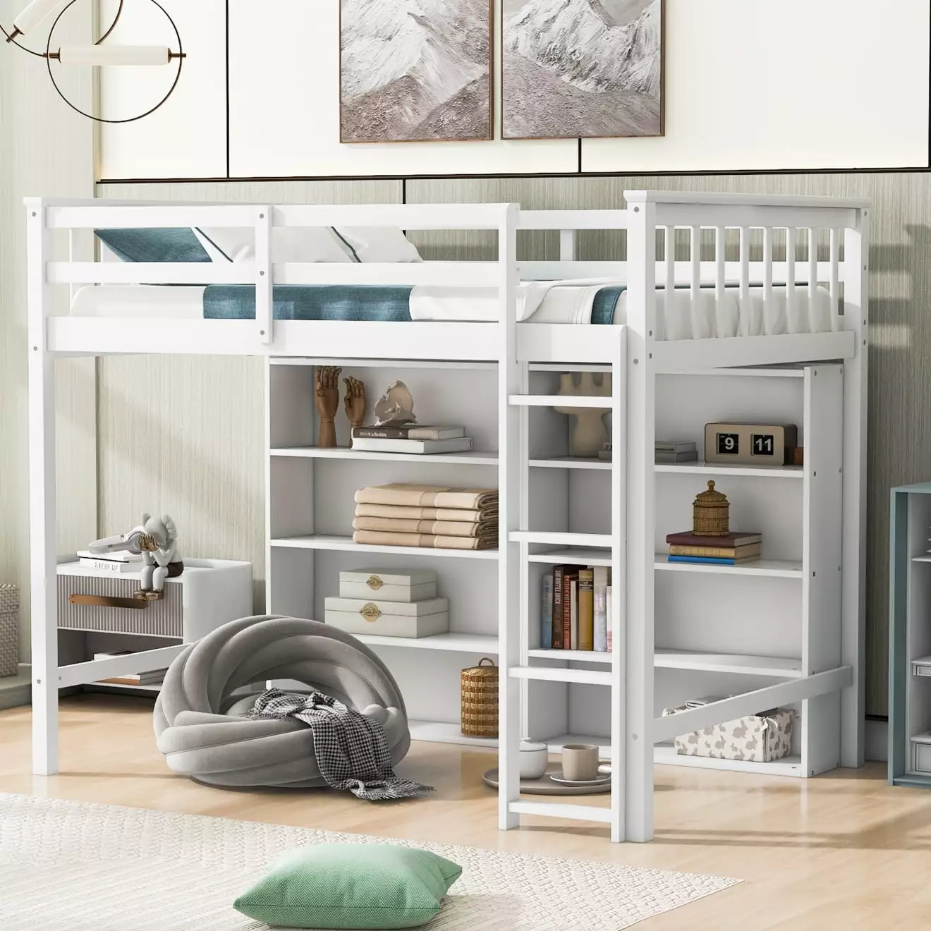 Twin Size Loft Bed 8 Open Storage Shelves and Built- Ladder - Space-Saving Wood Loft Bed White THOWDEE