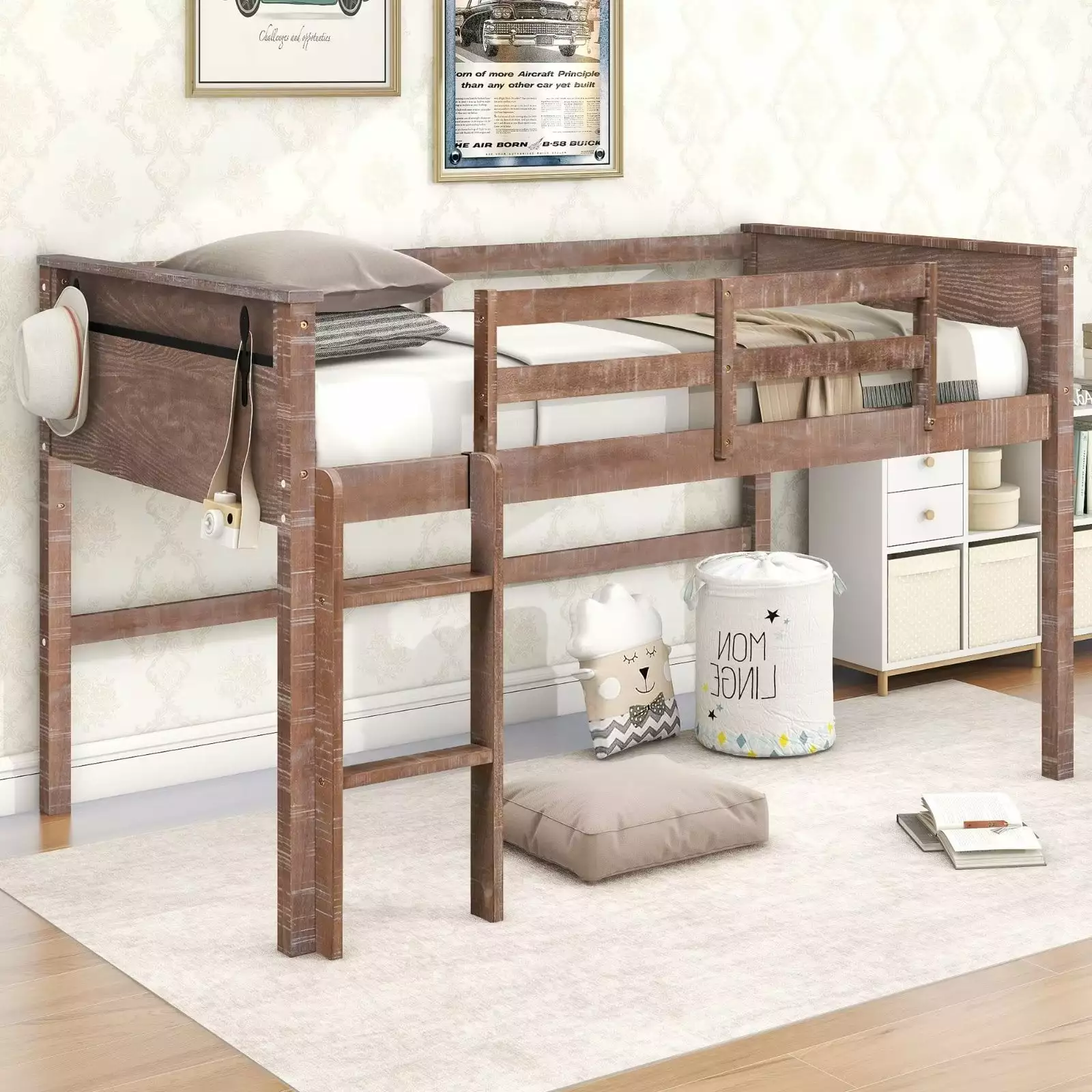 Low Loft Bed Frame Twin Size Kids Teens Wood Loft Bed 2 Hanging Clothes Racks 250LBS Load Capacity Triple Tree