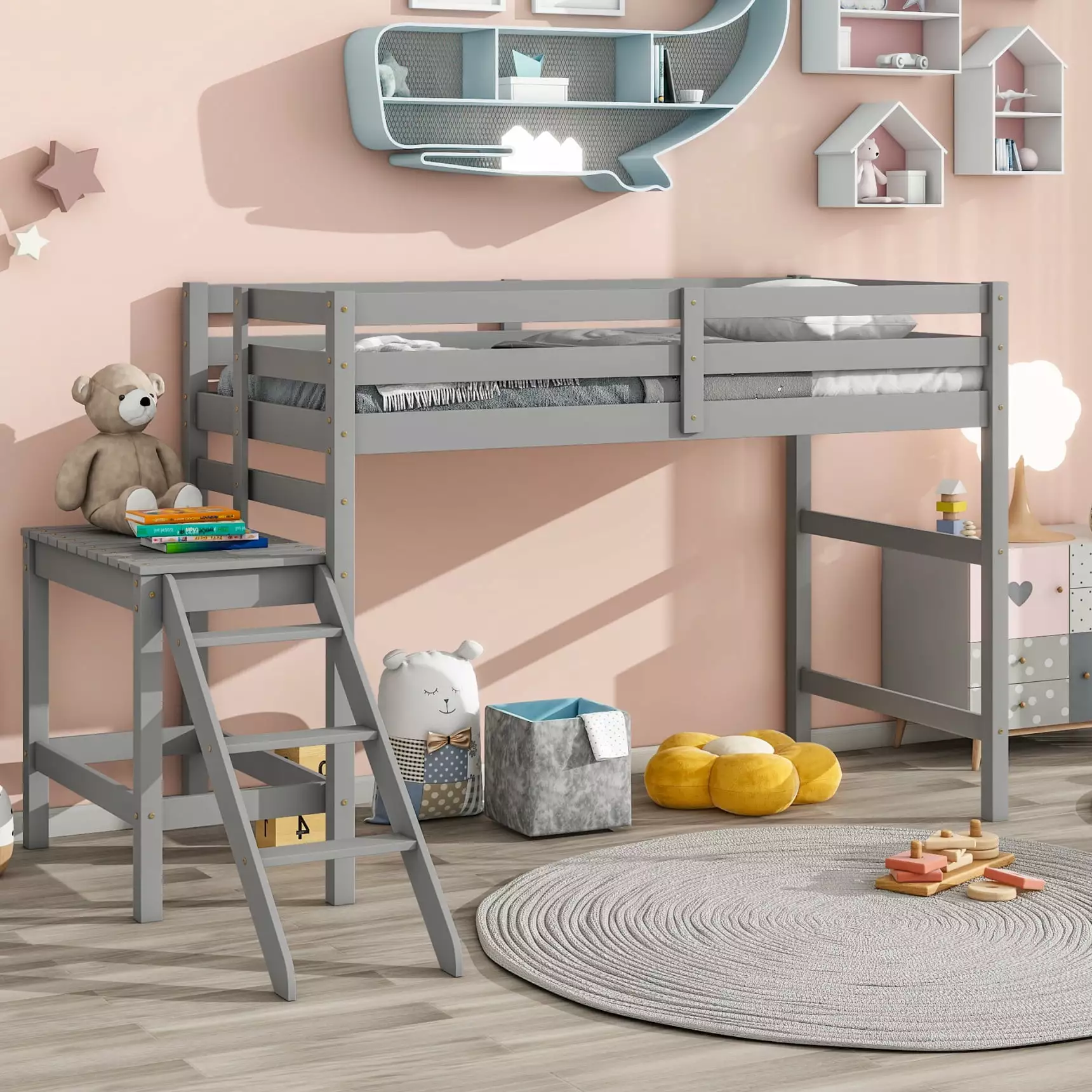 Twin Loft Bed Platform Solid Wood Low Loft Bed Guard Rail Ladder Gray Triple Tree