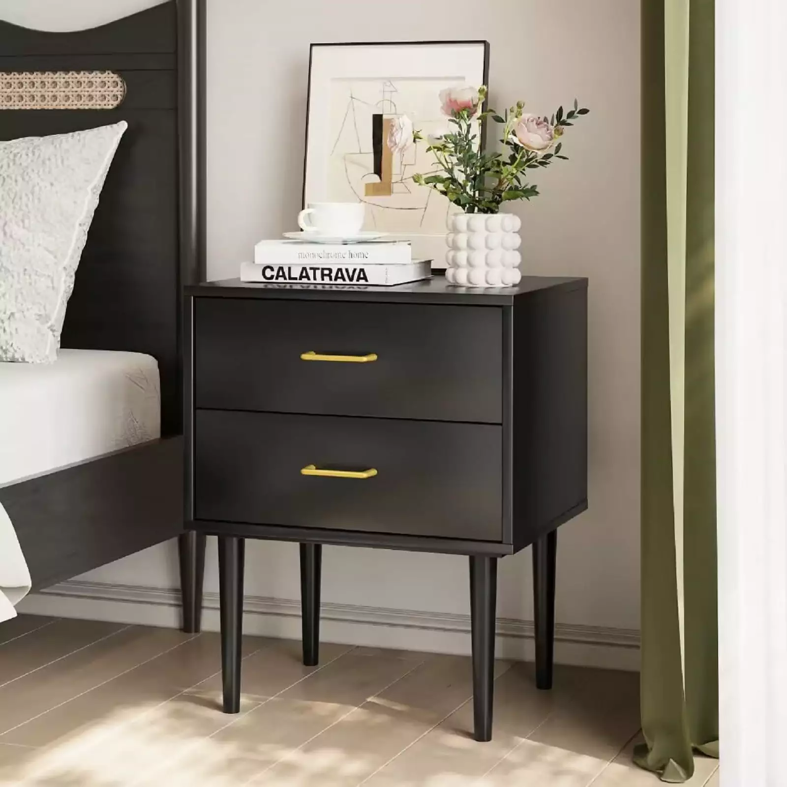 Algherohein Modern 2 Drawer Nightstand Black Wood Bedside Table Bedroom