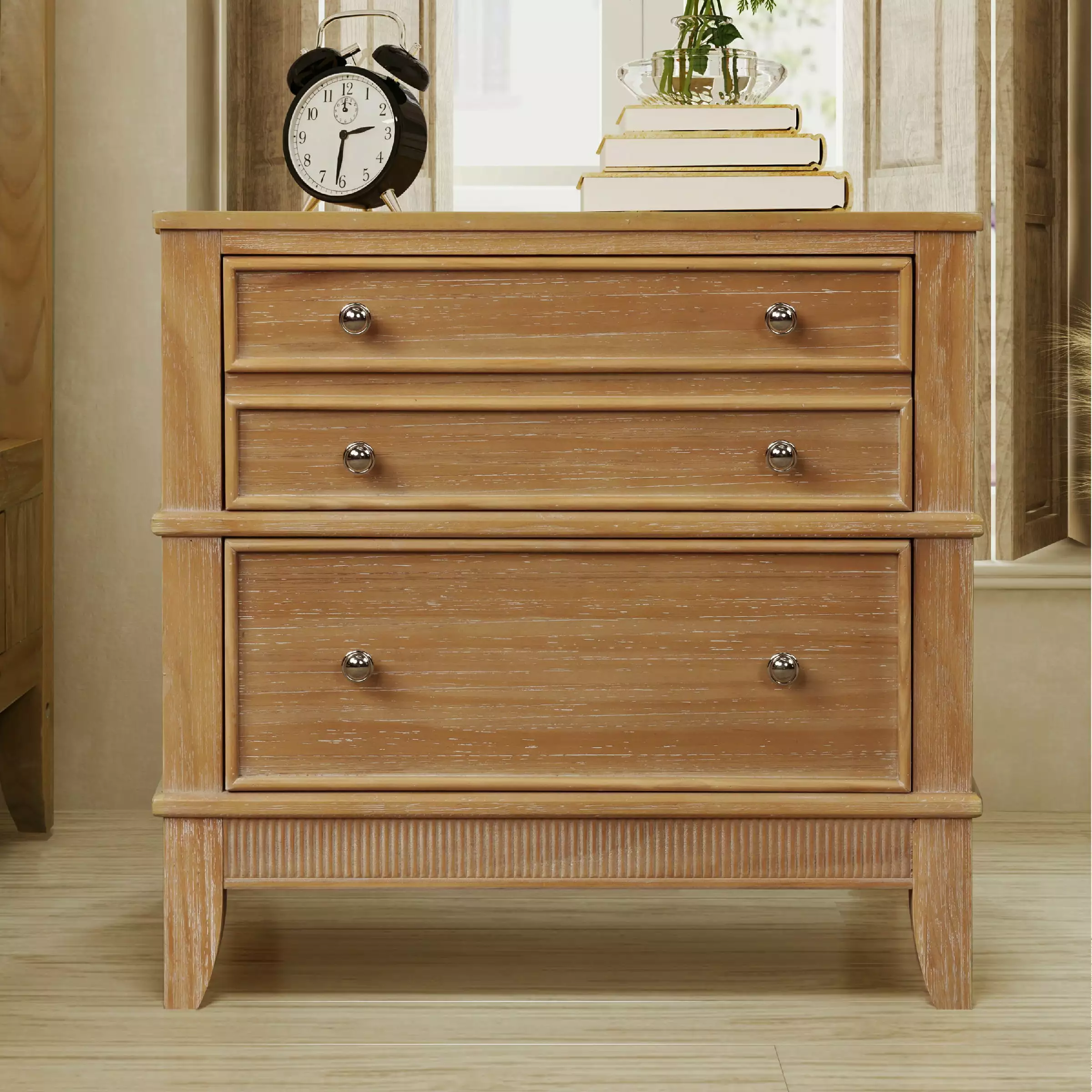 EUROCO 27.3 Larger Solid Wood 3-Drawer Side Table Nightstand Bedroom Living Room Hallway Entryway - Silver Handle Finish