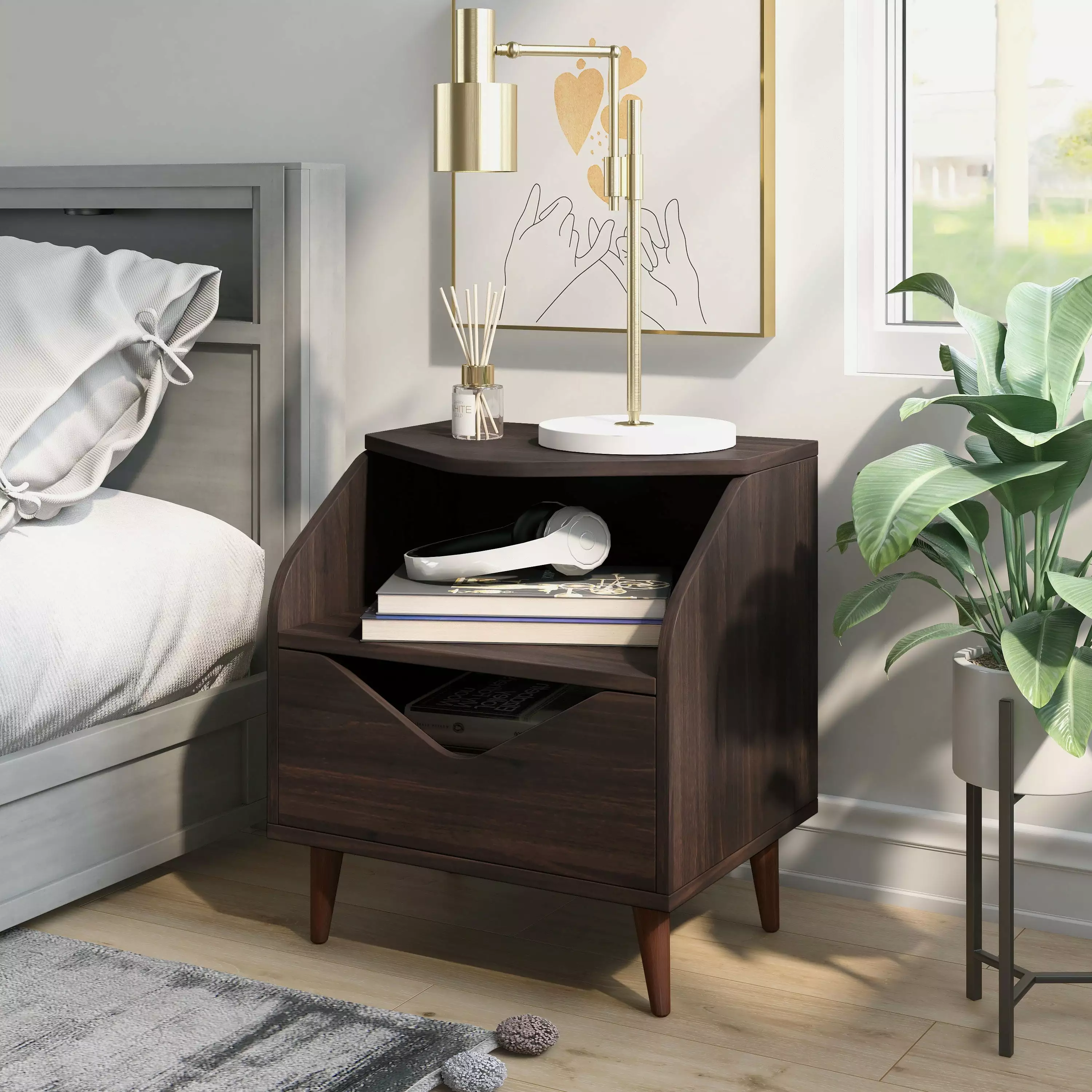 Furniture America Barr 1-Drawer 1-Shelf Wood Wenge Nightstand Angled Legs