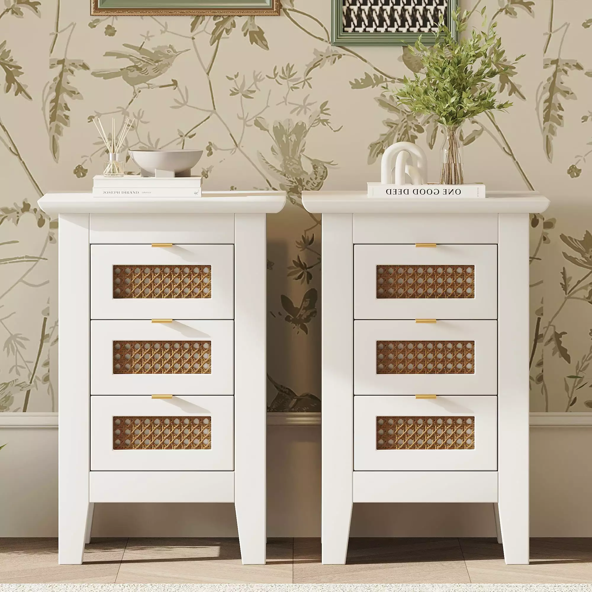 Wood Nightstand Set 2 Modern Bedside Tables Three Rattan Drawers Boho Style White LegaHome