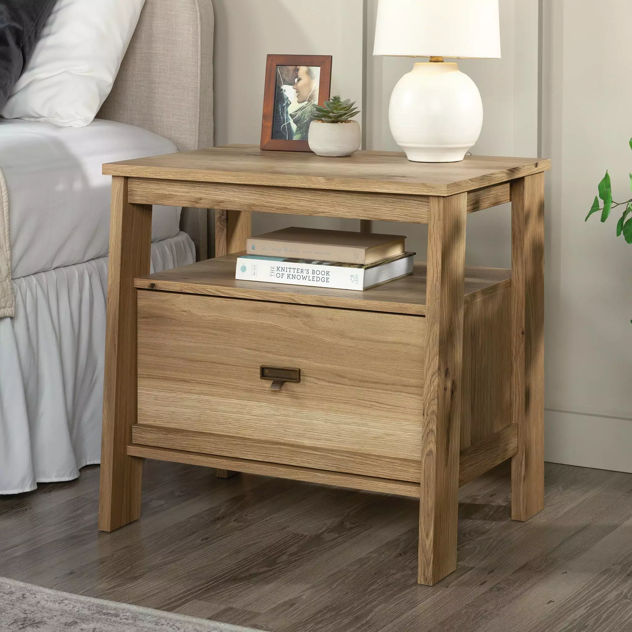 Sauder Trestle 1-Drawer Nightstand Timber Oak Finish
