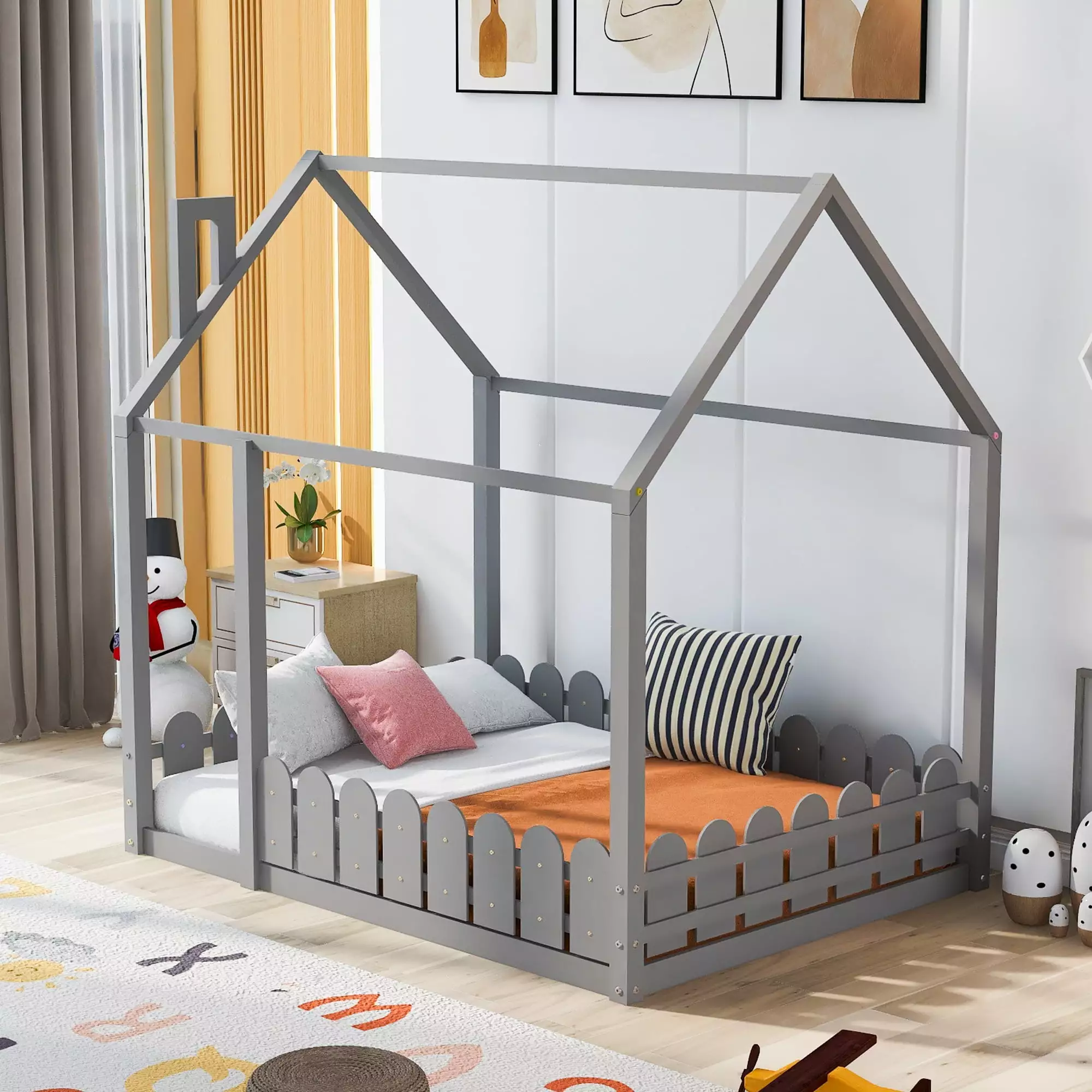 Aukfa Full Size Houtilize Wood Bed Frame Fence Gray