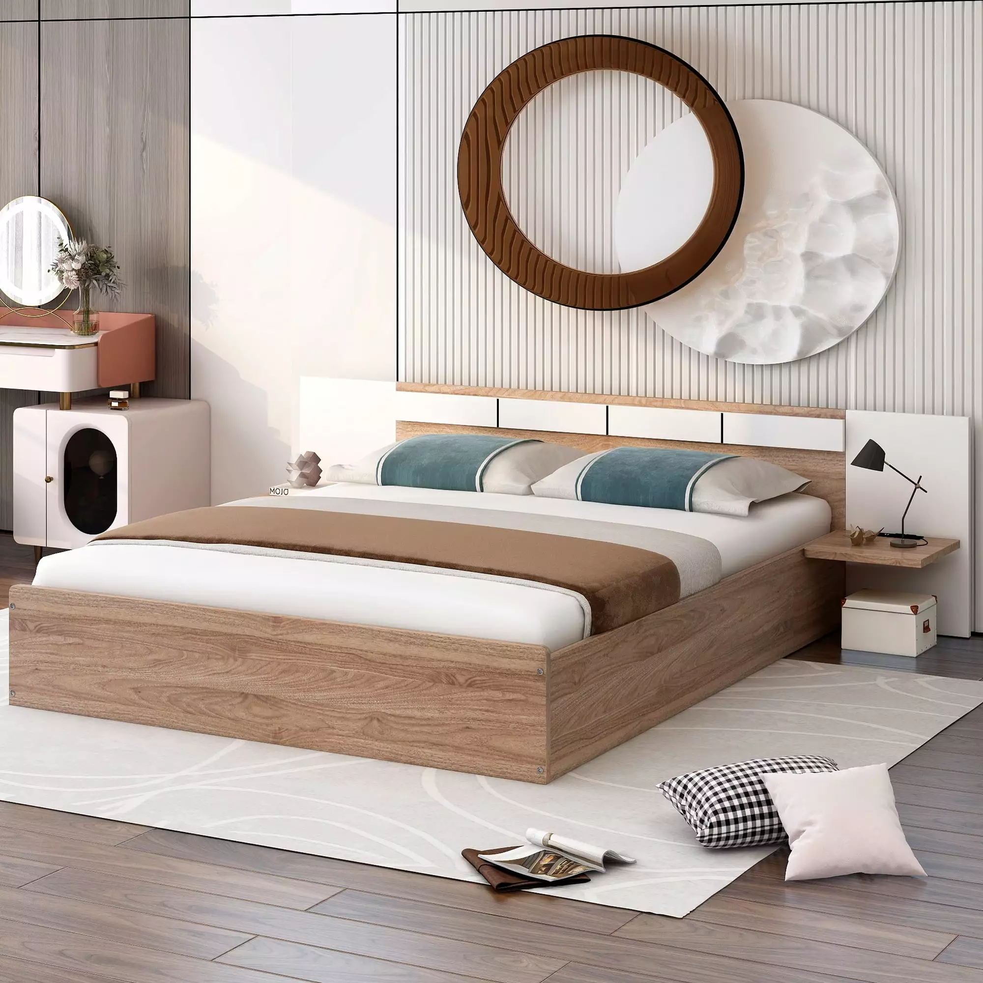 Bellemave Queen Platform Bed Headboard Shelves USB Port Sockets Wooden Slats Support Nature