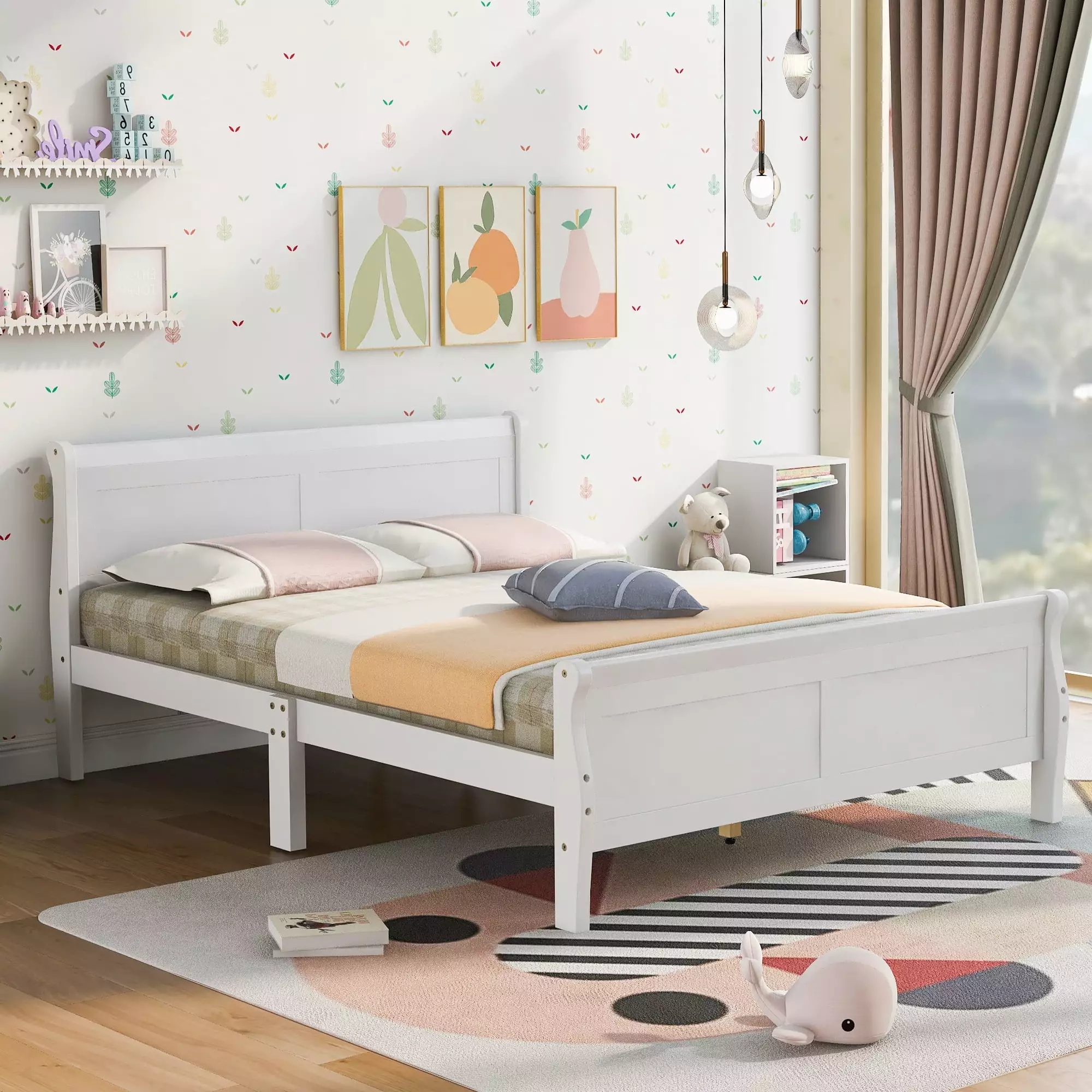 Full Size Wood Platform Bed BTMWAY Solid Frame Headboard Footboard No Box Spring Needed White