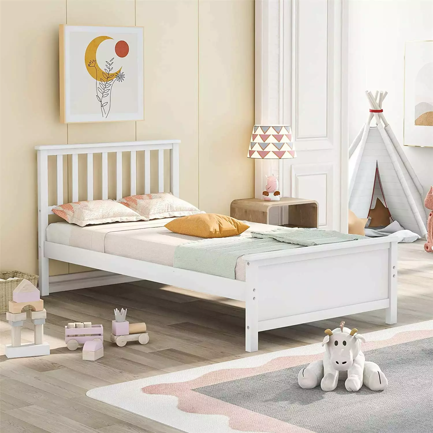 White Platform Wood Twin Bed Frame Headboard and Footboard Churanty