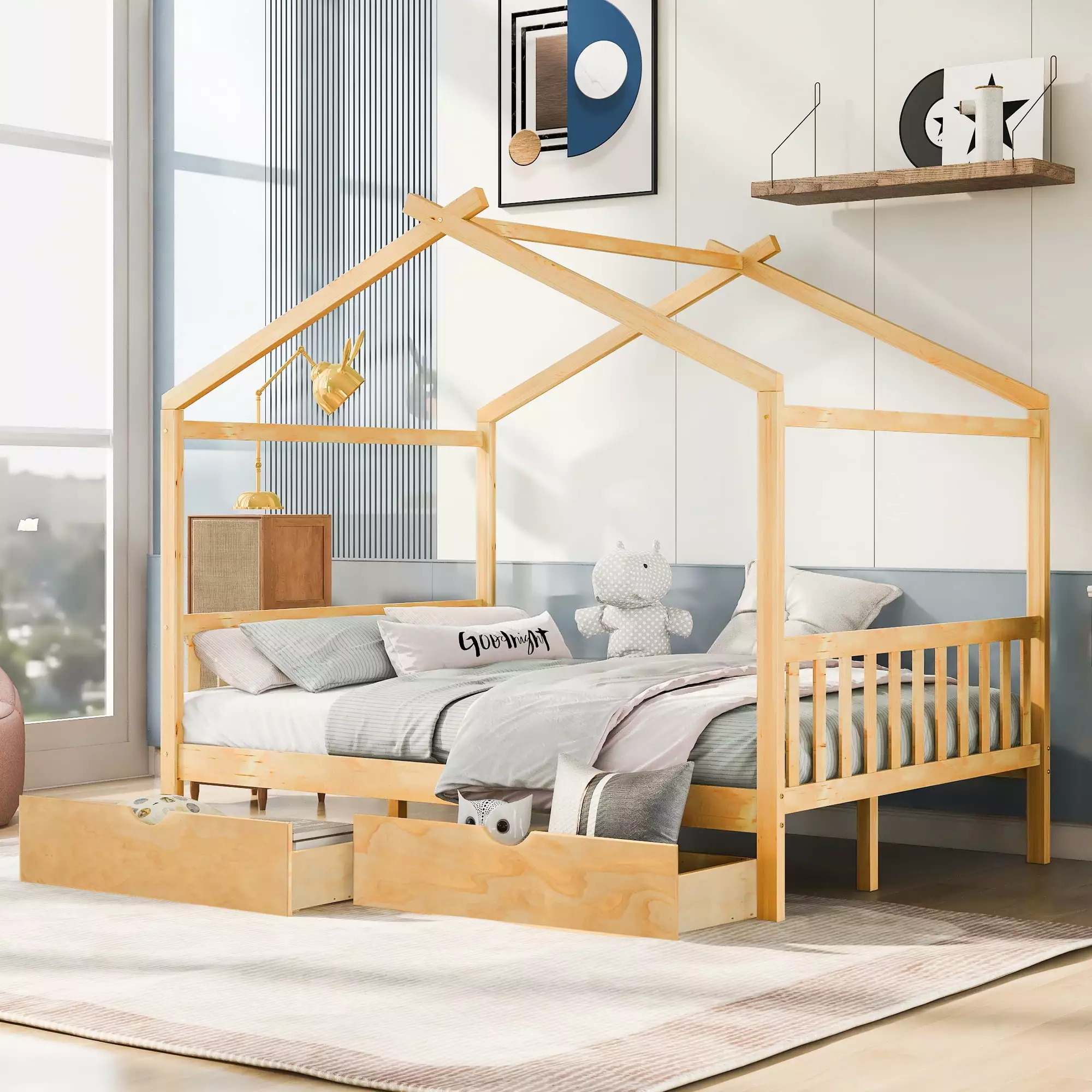 EUROCO Full Size Wood Bed Two Drawers Kids Solid Wood Platform Bed Living Room Natural
