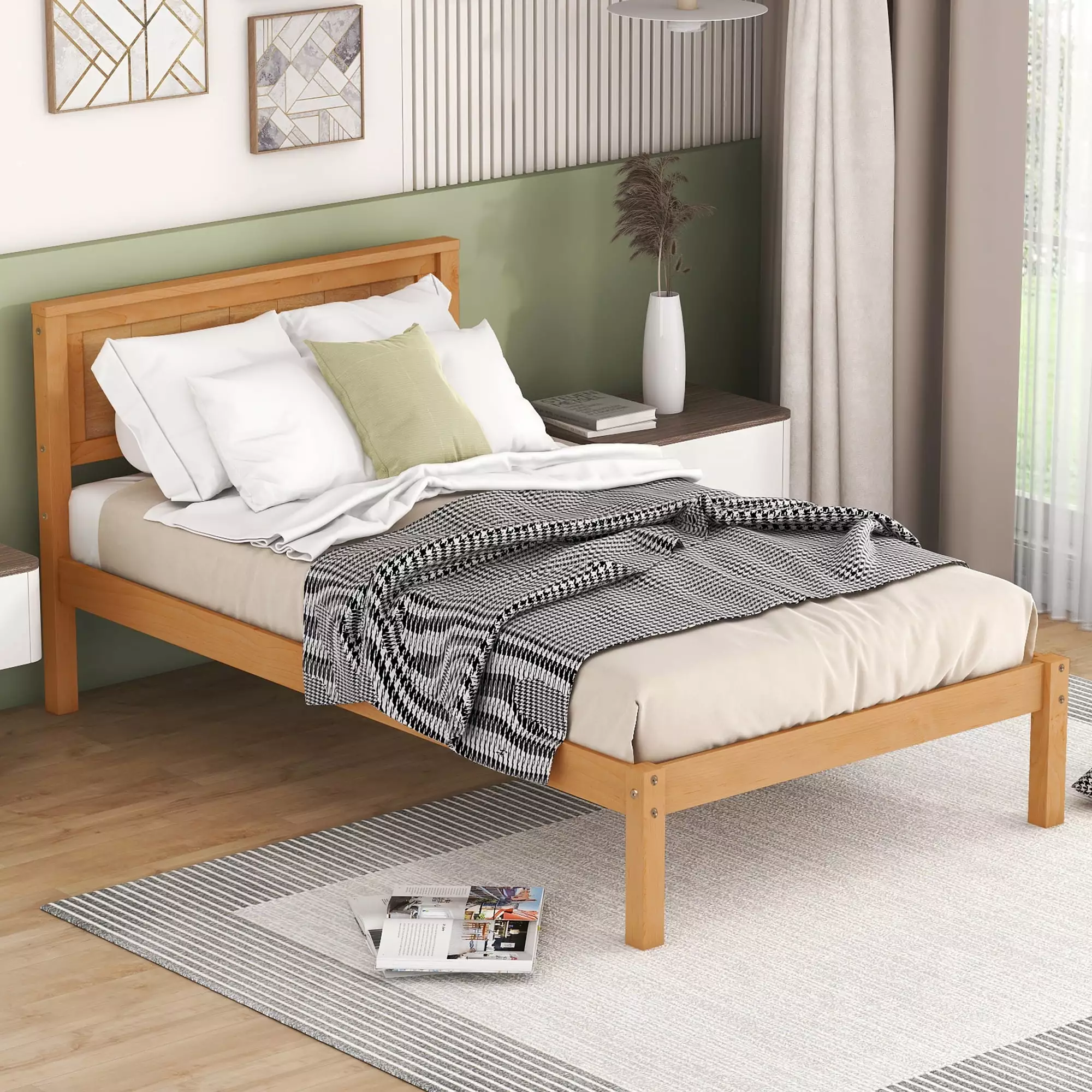 Euroco Twin Platform Bed Modern Wood Frame Bed Headboard and Slats Kids Room No Box Spring Needed Oak