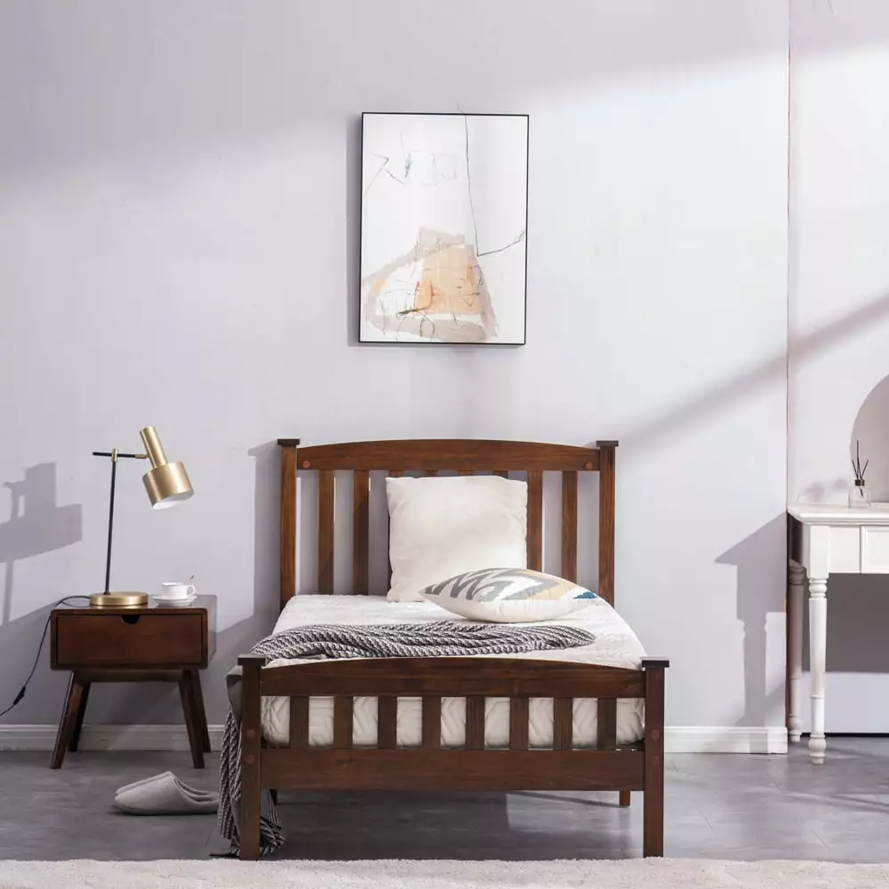 Hassch Twin Size Wood Platform Bed Walnut No Box Spring Needed