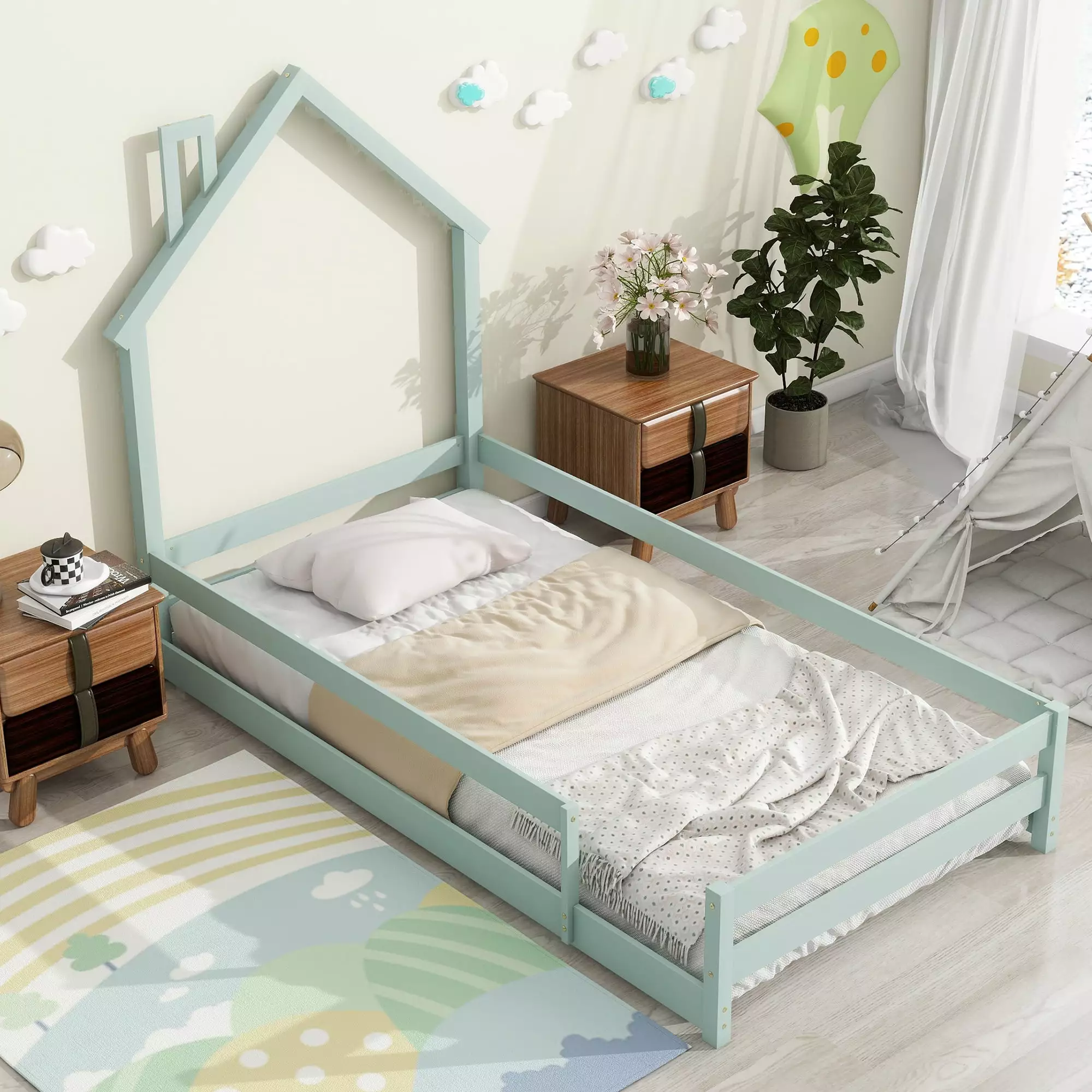Five Colors Twin Size Wood Platform Bed Houtilize Headboard No Box Spring Needed Floor Bed Fences HUTWIFE