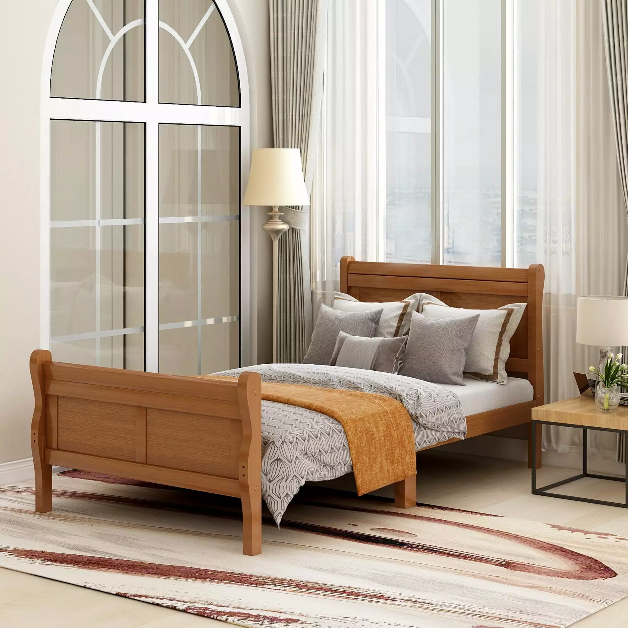 Kacho Twin Size Platform Bed Frame Wooden Headboard Footboard No Box Spring Needed Oak