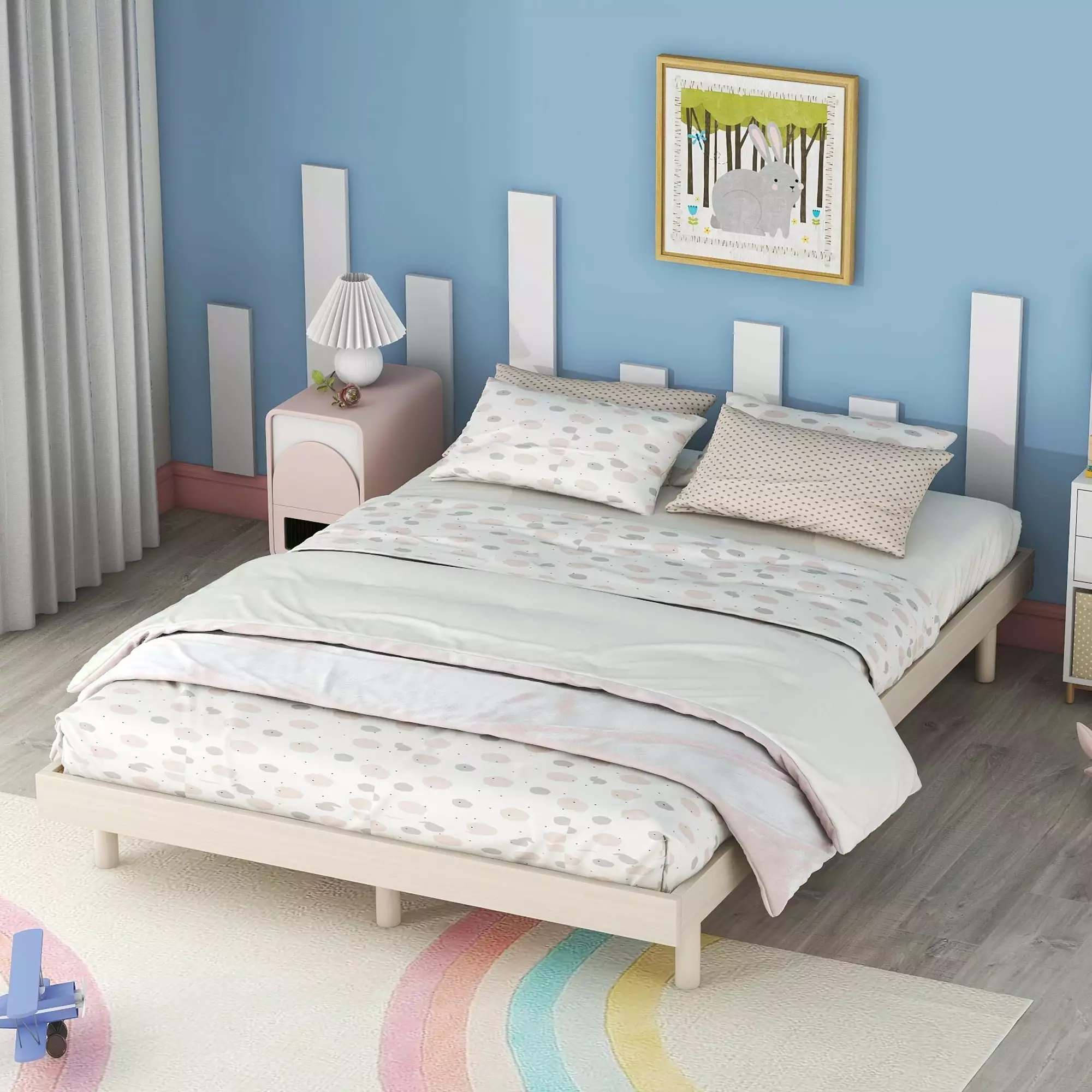 PAPROOS Full Size Bed Frame Upgraded Wood Platform Bed Strong Wooden Slats No Box Spring Needed White Washed Color
