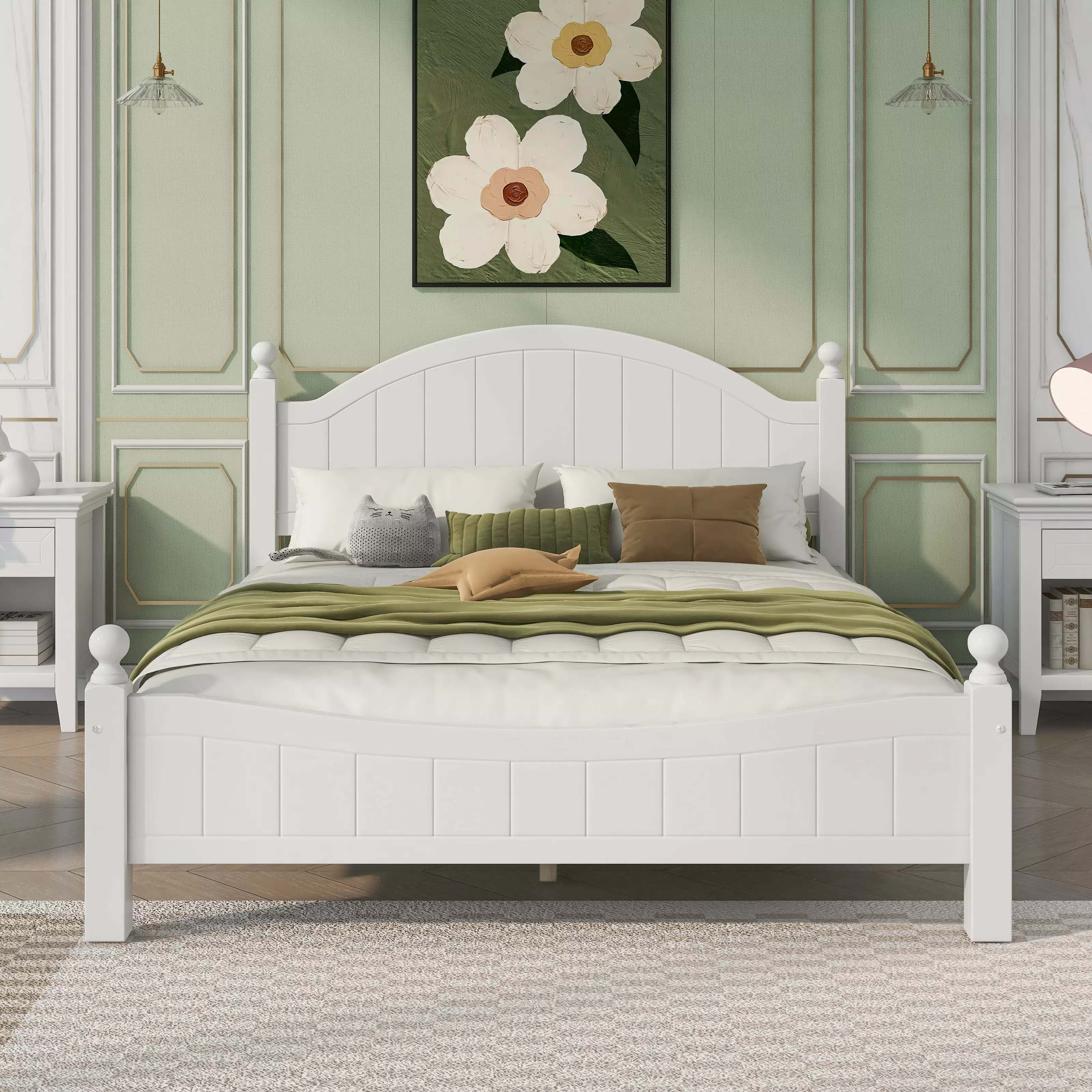 Paproos Queen Size Bed Frame Solid Wood Platform Bed Headboard and Footboard No Box Spring Needed White
