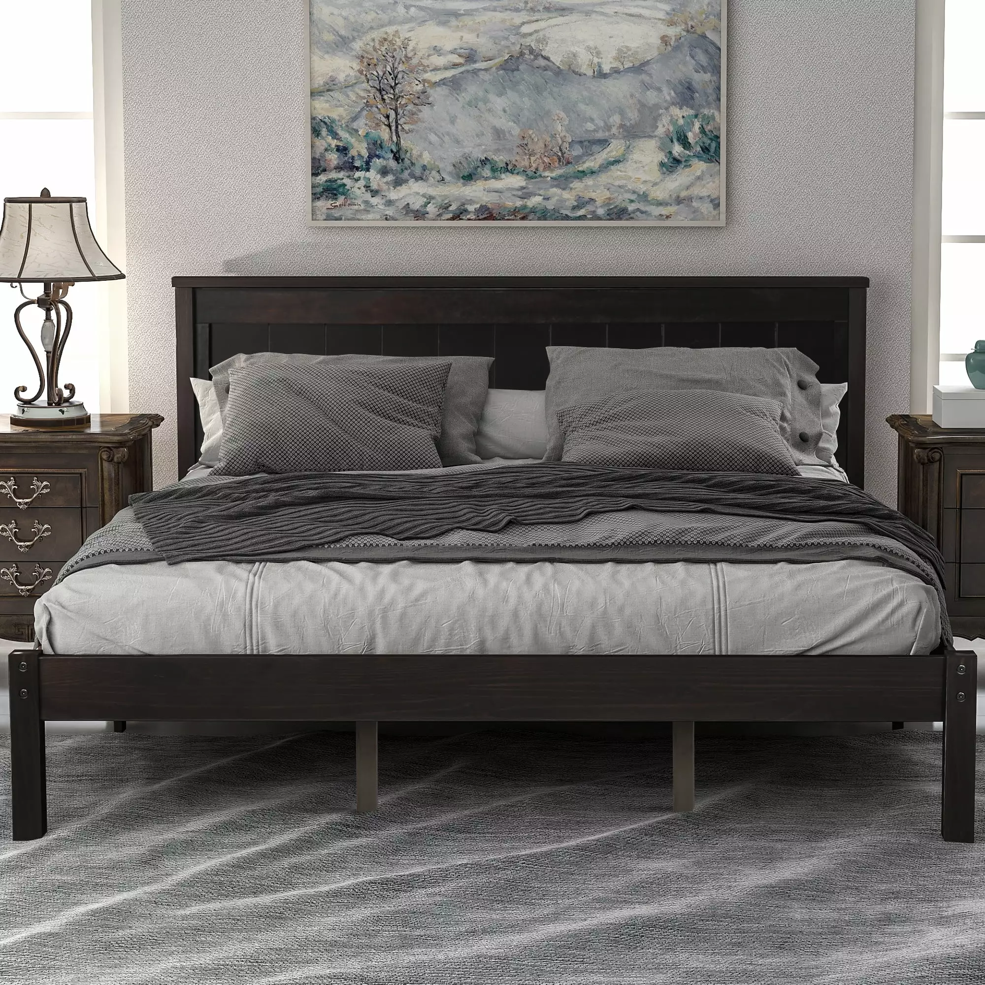 SESSLIFE Queen Platform Bed Frame Headboard Wood Slat Support Espresso