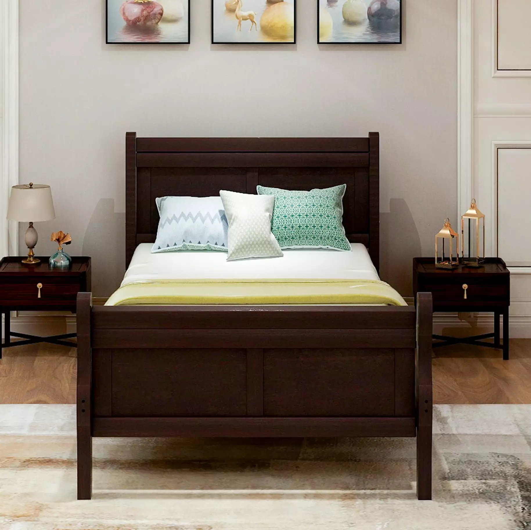 Twin Platform Bed Frame Sleigh Headboard and Footboard Solid Wood Espresso LJ3507 Syngar