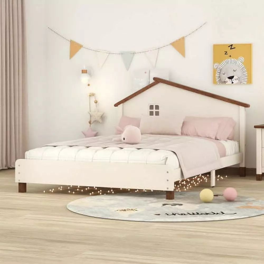 Full Size Platform Bed Frame - Solid Wood Twin Bed Houtilize-Shaped Headboard - Floor Bed Girls Boys Adults - Cream and Wa...