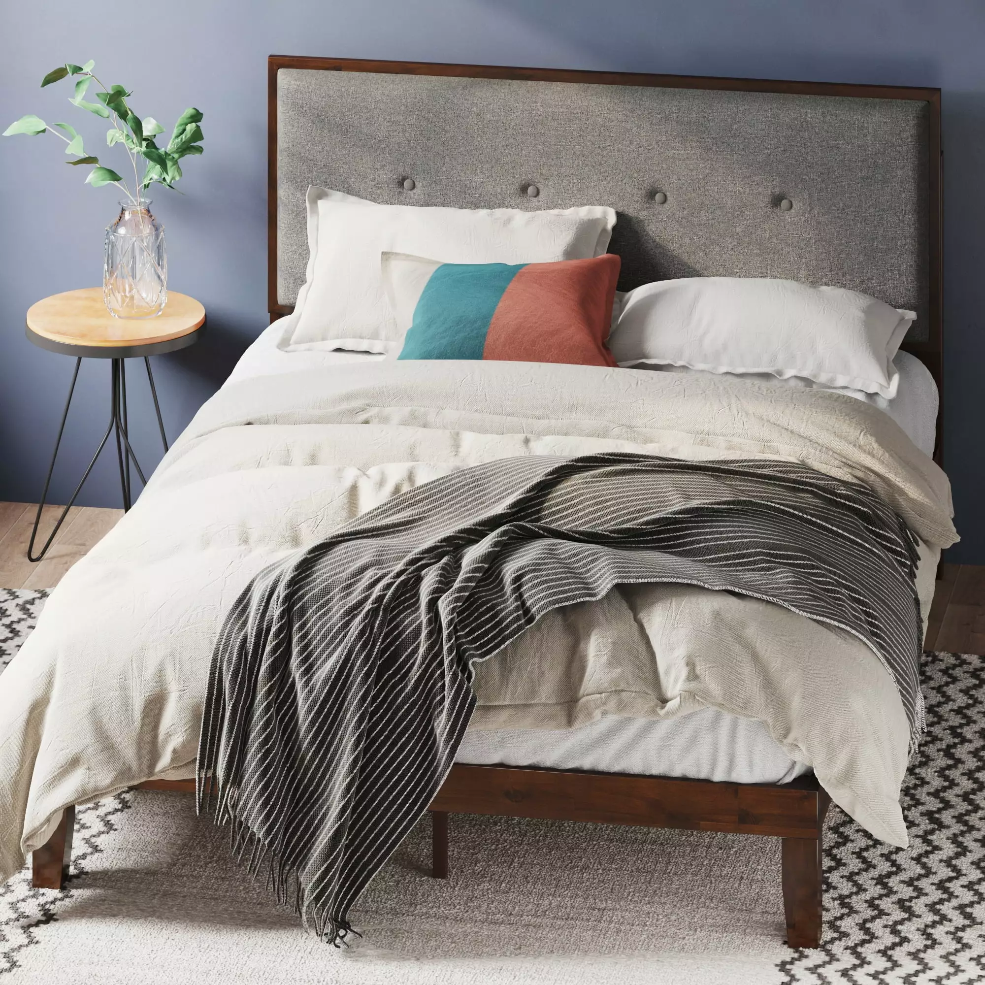 Zinus Moiz 42 Wood Platform Bed Frame Adjustable Upholstered Headboard Queen