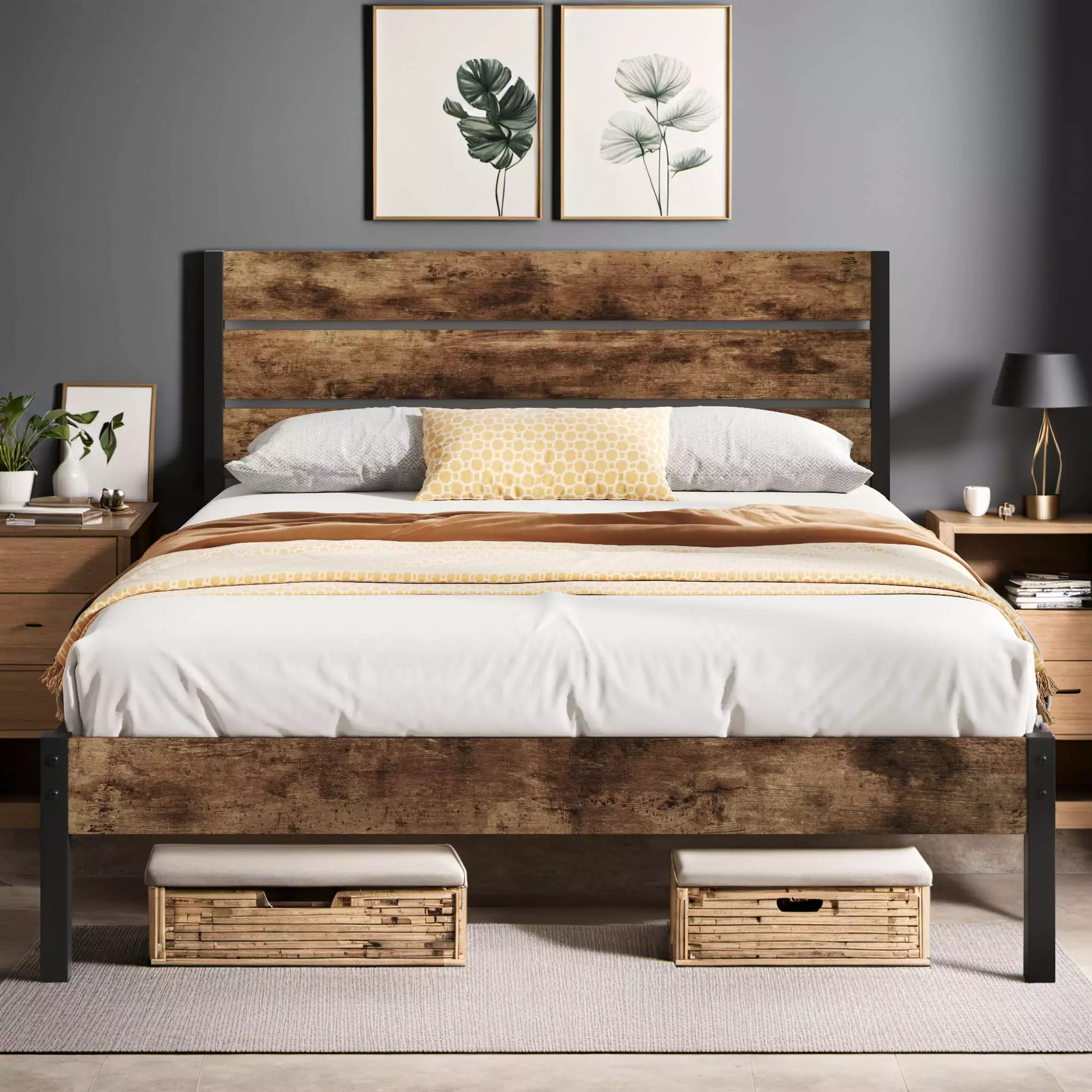 Lifezone Queen Bed Frame Rustic Vintage Wood Headboard Footboard Metal Support Rustic Brown