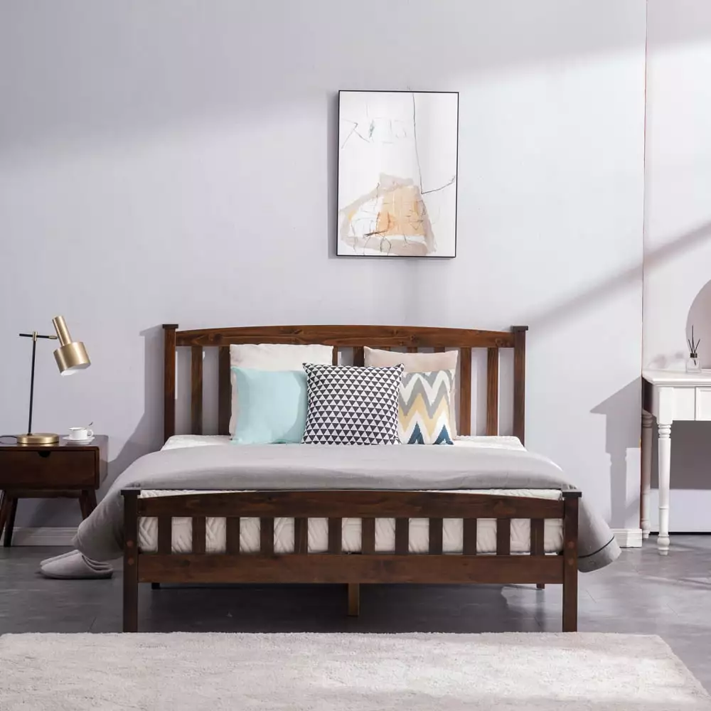 iRerts Full Bed Frame Headboard Solid Wood Platform Bed Frame Adults Teens Kids Walnut