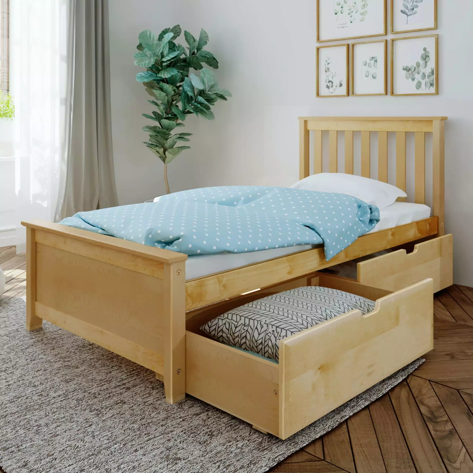 Max & Lily Twin Bed Frame Storage Drawer Solid Wood Platform Bed Kids Natural