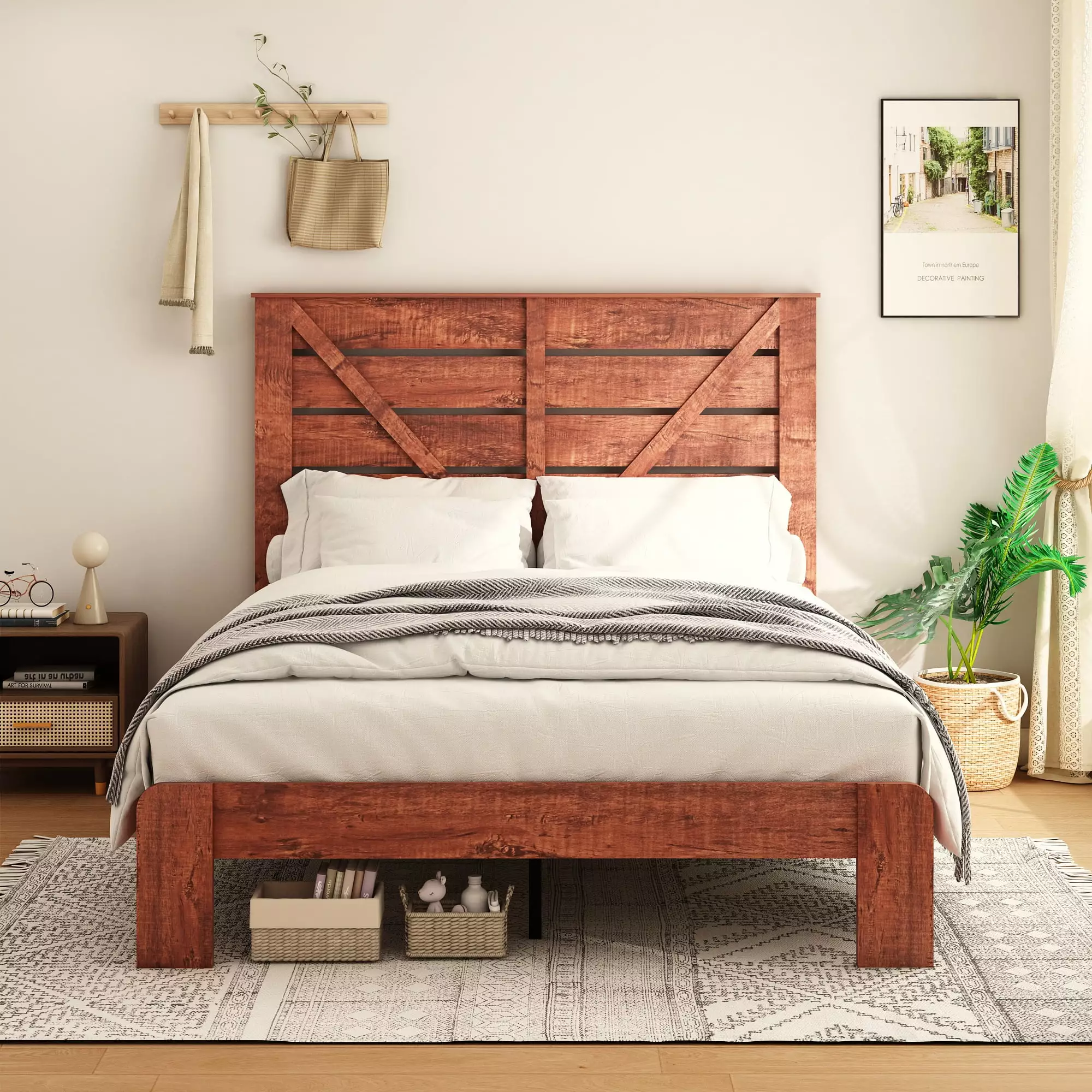 PAPROOS Queen Size Wood Bed Frame Headboard and Strong Wooden Slats, Dark Brown
