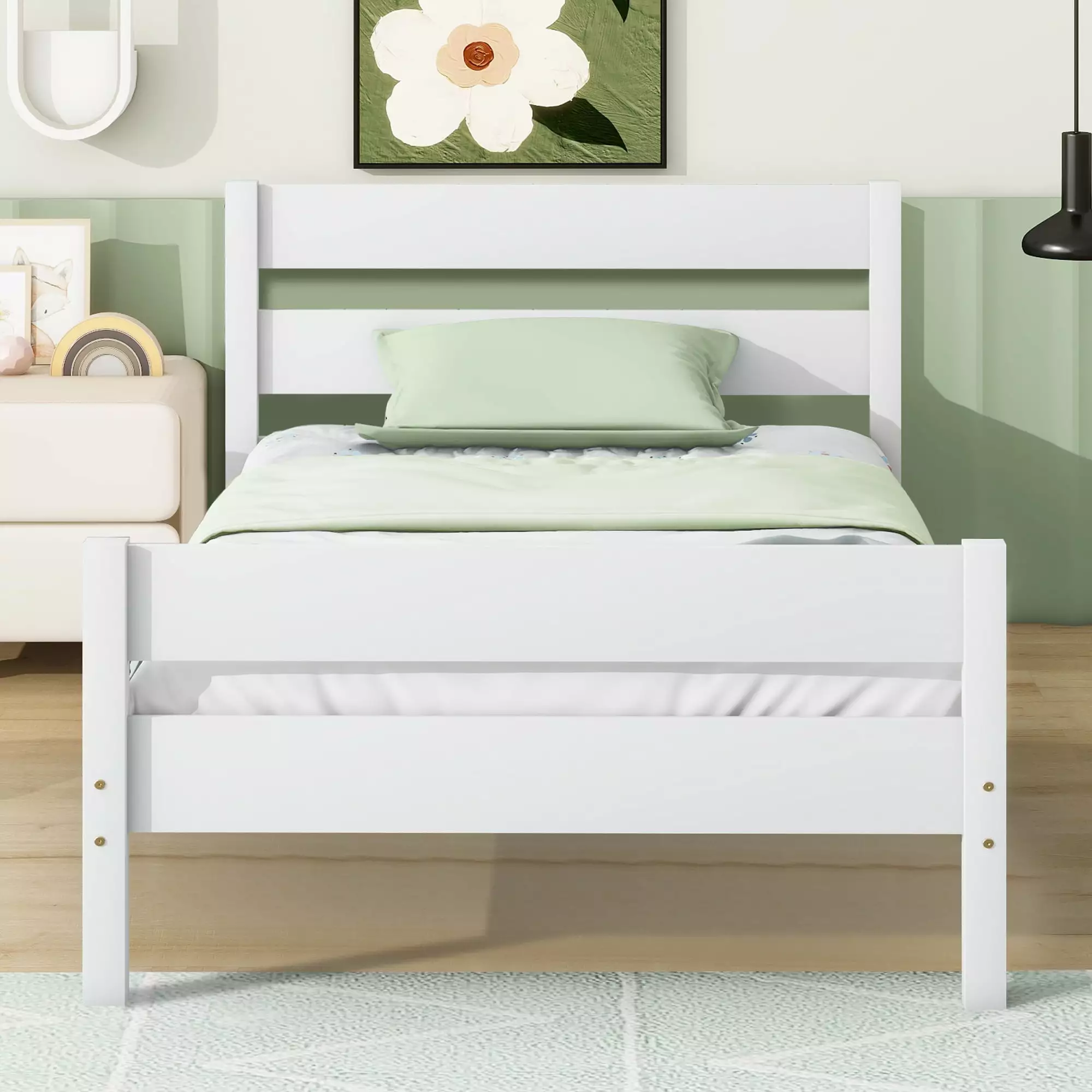 PAPROOS Twin Bed Frame Kids Solid Wood Platform Bed Headboard and Footboard No Box Spring Needed White