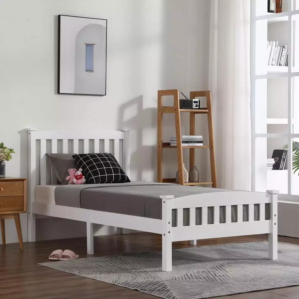 SamyoHome Twin Bed Solid Pine Wooden Bed Frame Wood Slats White Single Bed