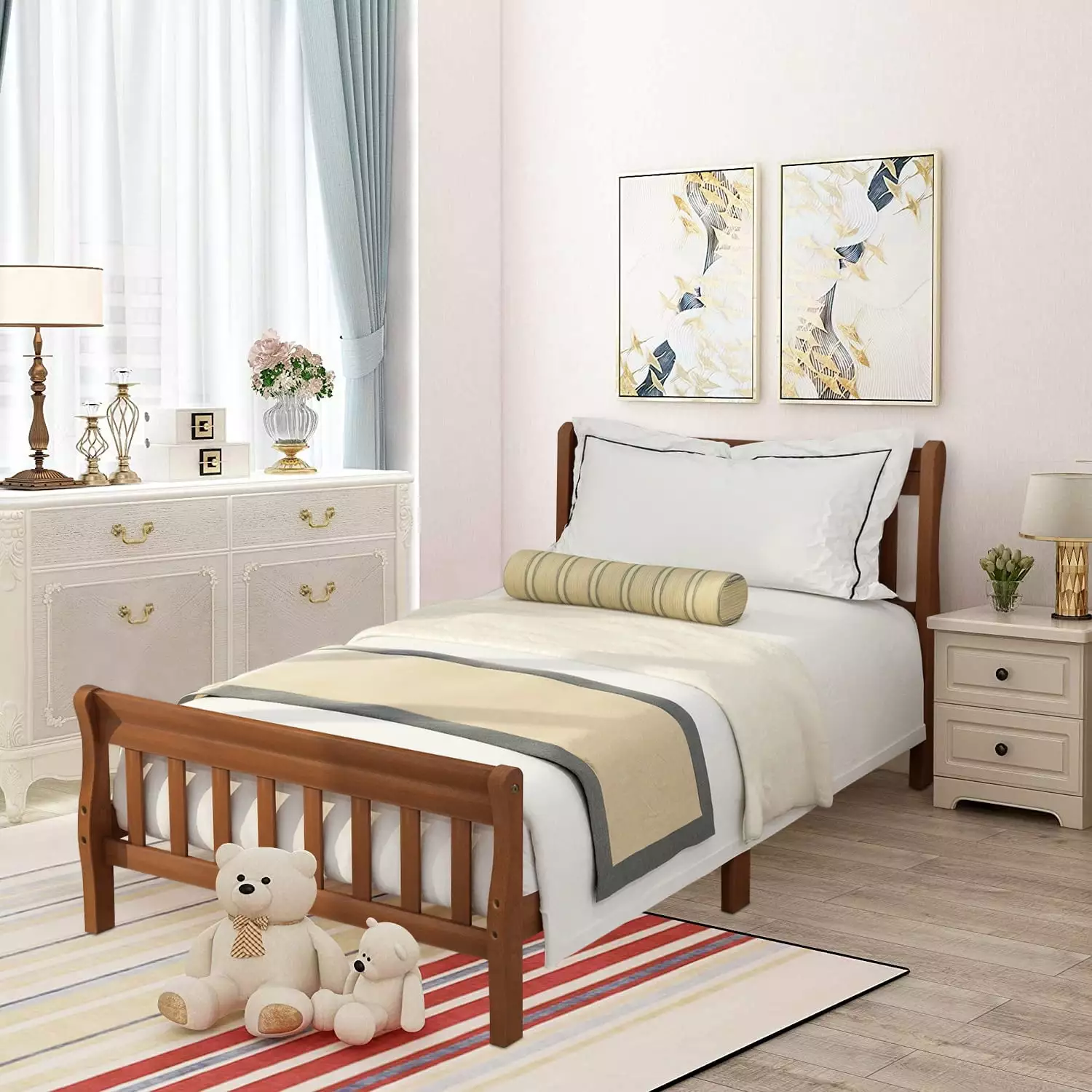 Twin Bed Frame Headboard and Footboard Wood Twin Platform Bed Frame Strong Wooden Slat Oak uhomepro