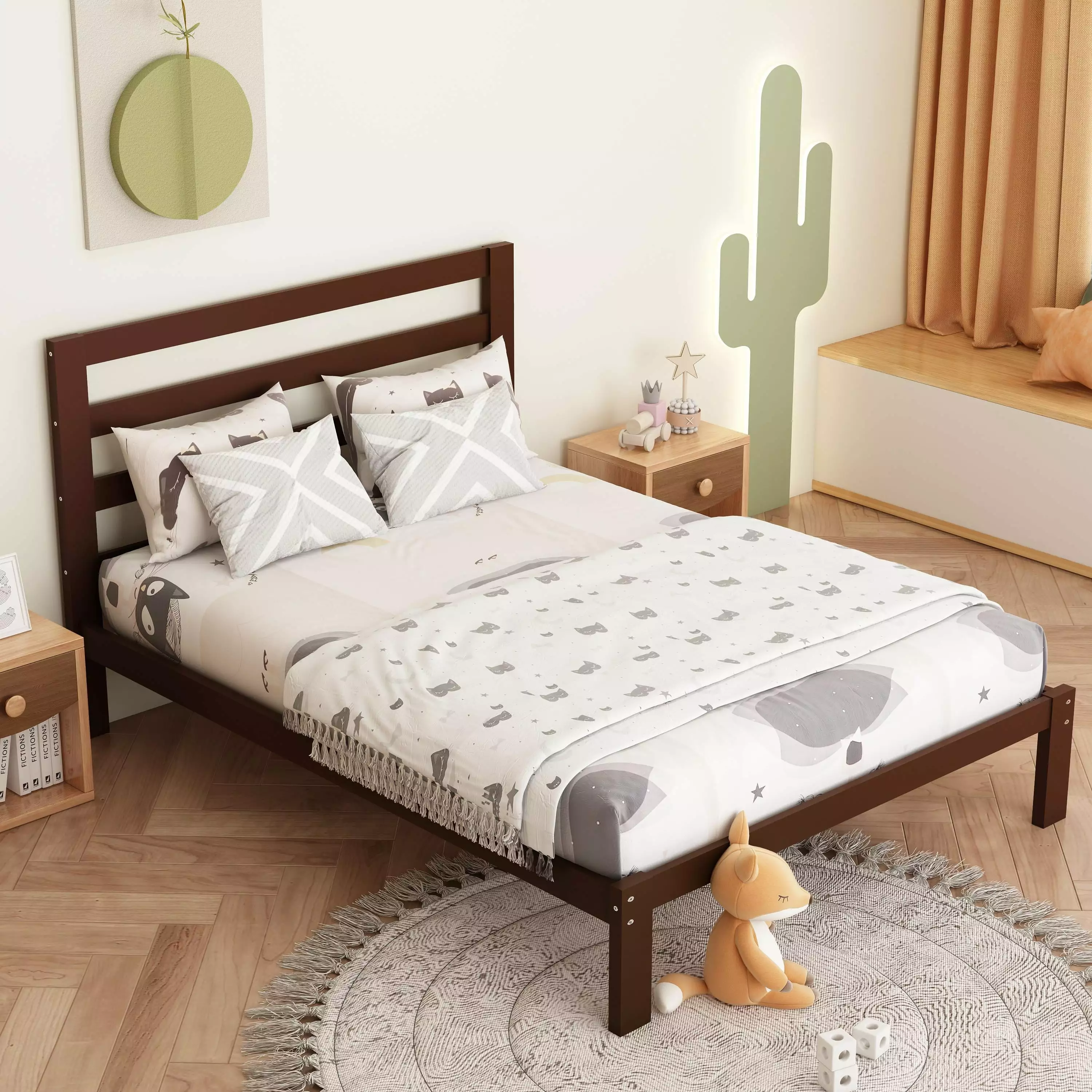 uhomepro Twin Size Bed Solid Wood Frame Headboard and Slats Kids Teens Adults Espresso