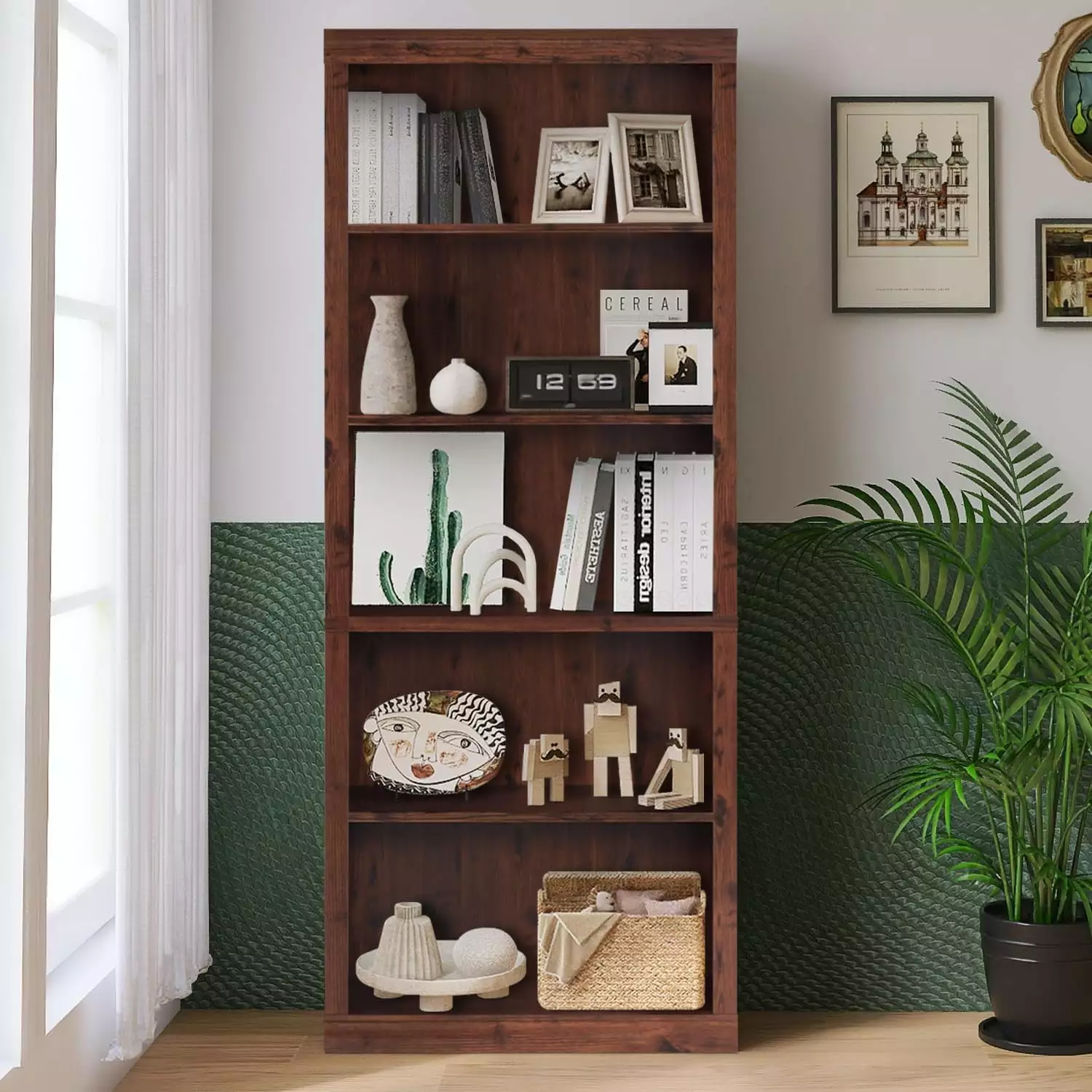 ENSTVER Cherry Wooden 5 Shelf Bookcase Adjustable Shelves Home and Office