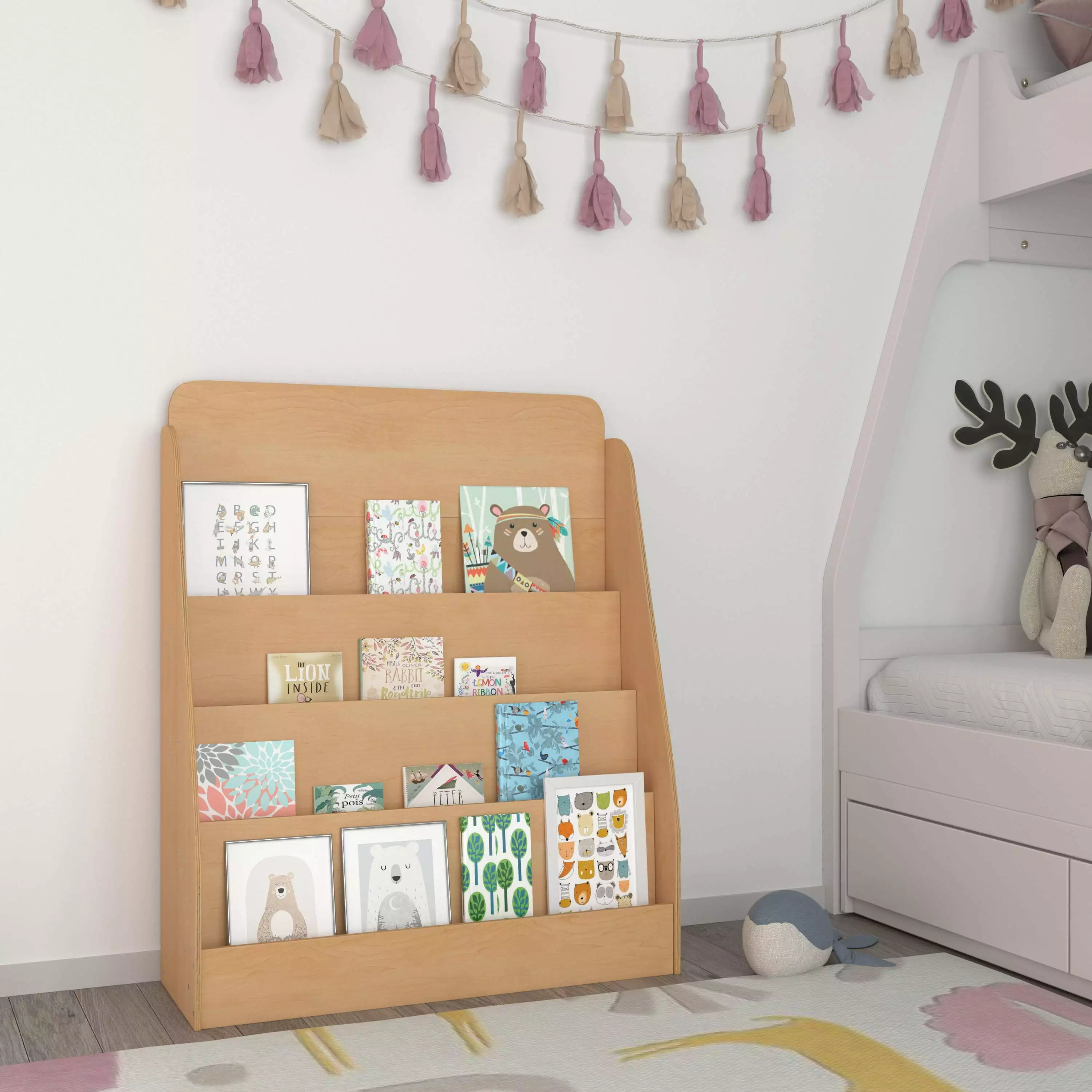 Emma + Oliver Kid's Bookshelf or Toy Storage Shelf Bedroom or Playroom Natural Wood Finish Protect Kid-Friendly Curved Edg...