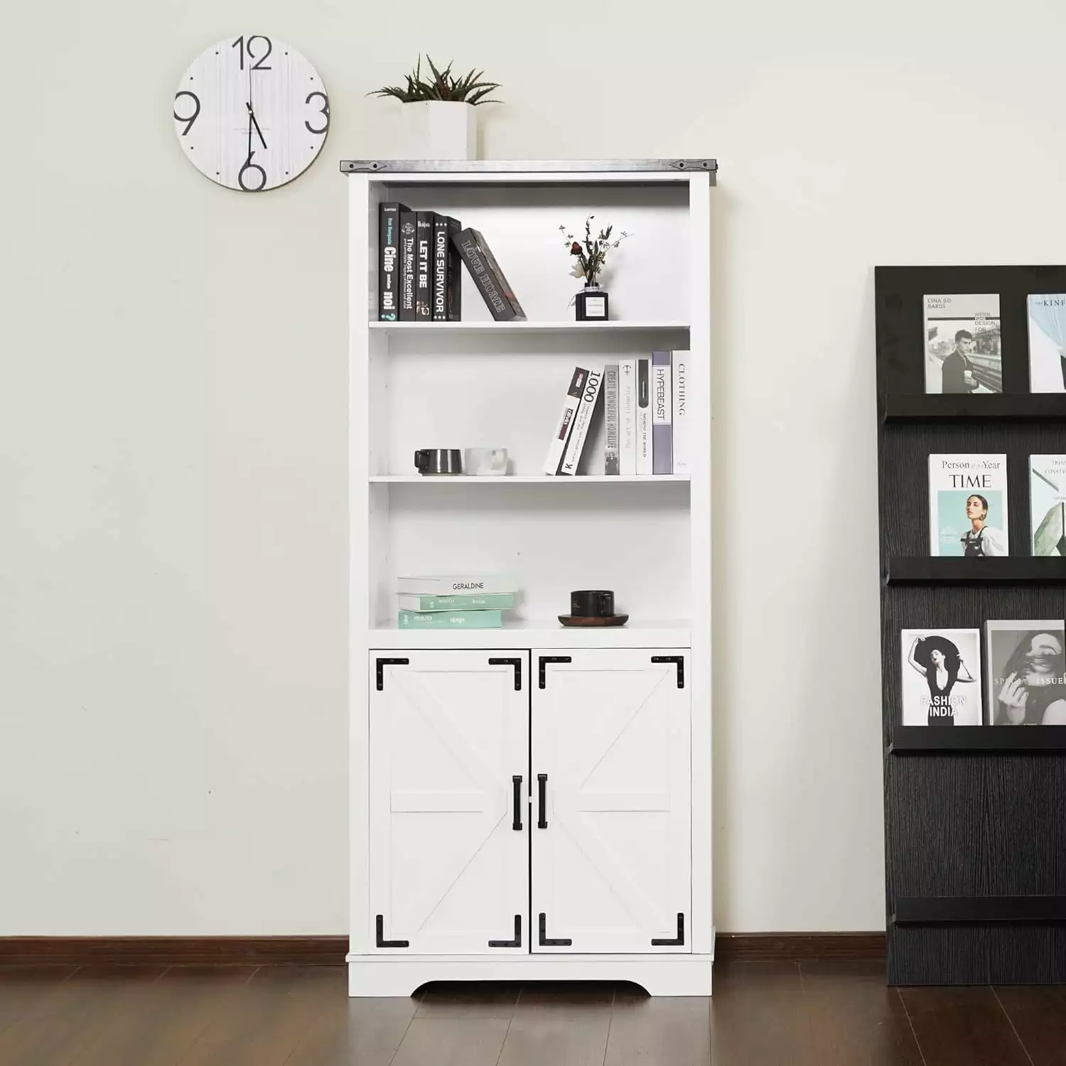 JINSEED 5 Tier Bookshelf Wooden Bookcase Storage Cabinet Doors Adjustable White