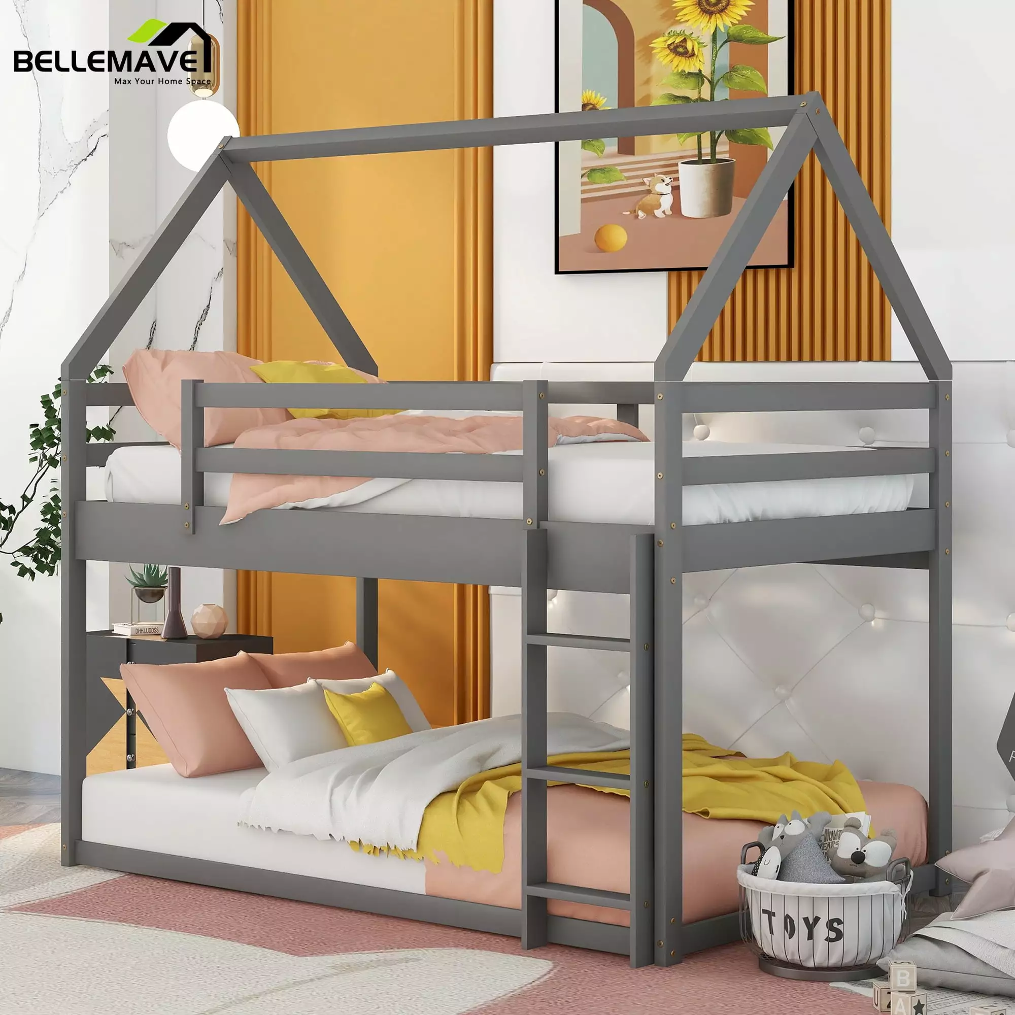 Bellemave Wooden Houtilize Twin over Twin Bunk Bed Ladder Toddler Floor Bunk Bed Kids Boys Girls Gray