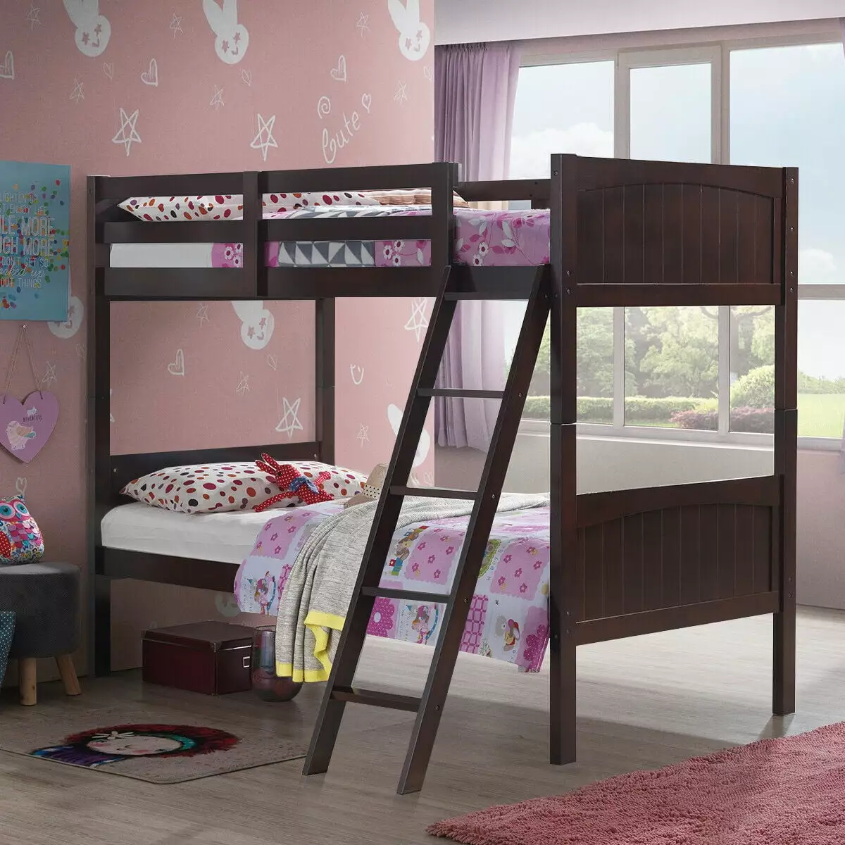 Gymax Wooden Twin Over Twin Bunk Bed Convertible to 2 Individual Twin Beds Espresso Finish
